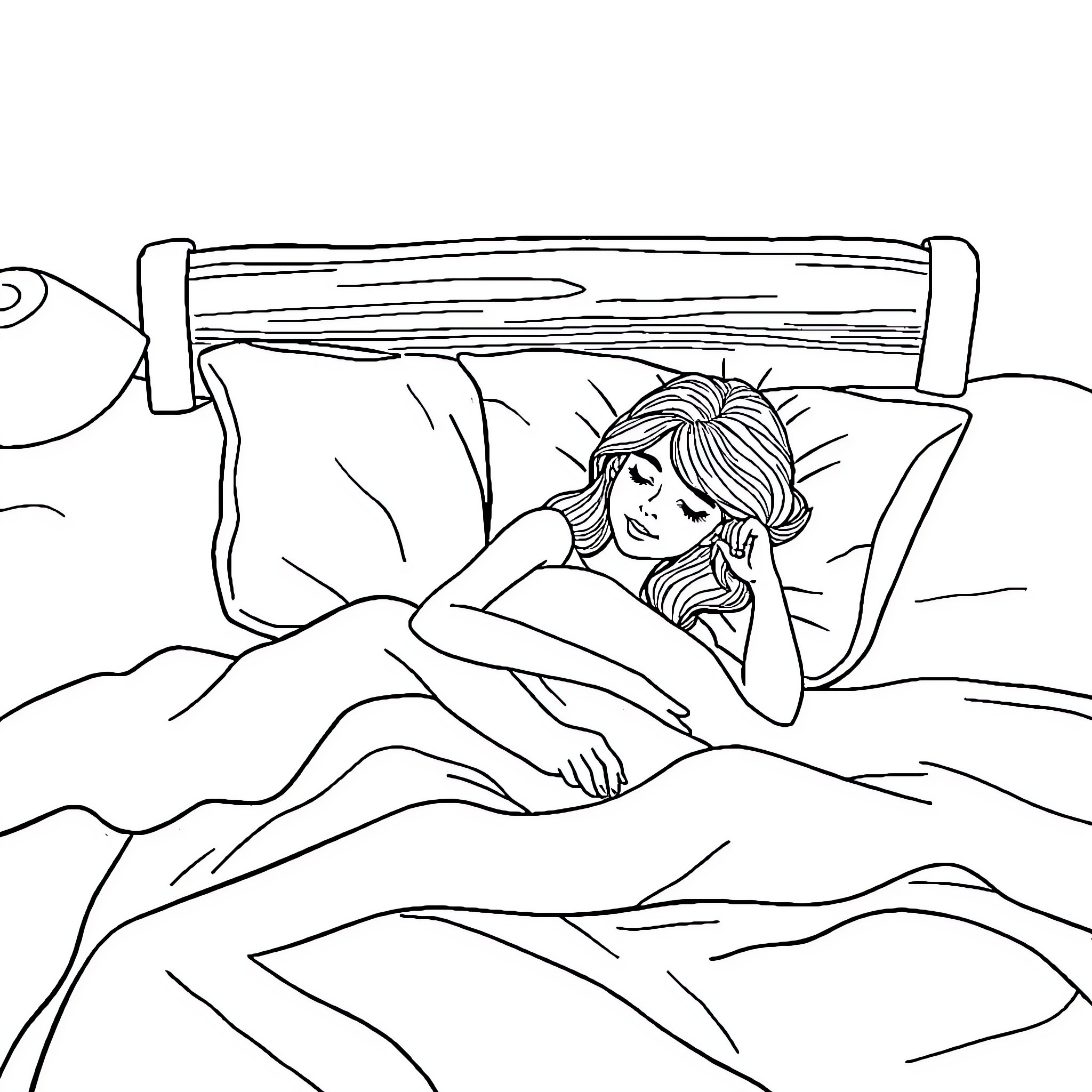 Lady resting peacefully in bed Coloring Page (free black-and-white line drawing printable PDF for all, from beginners to advanced learners, including children, teens, adults, and seniors)