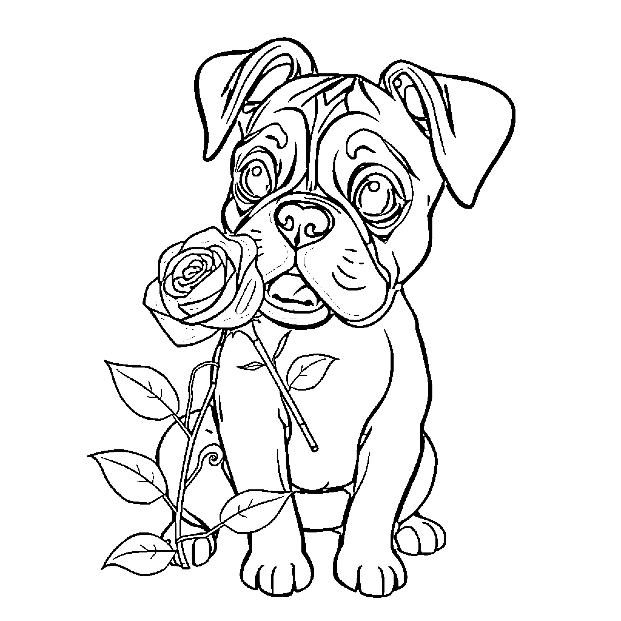 Boxer holding rose flower with decorative patterns Coloring Page (free black-and-white line drawing printable PDF for all, from beginners to advanced learners, including children, teens, adults, and seniors)