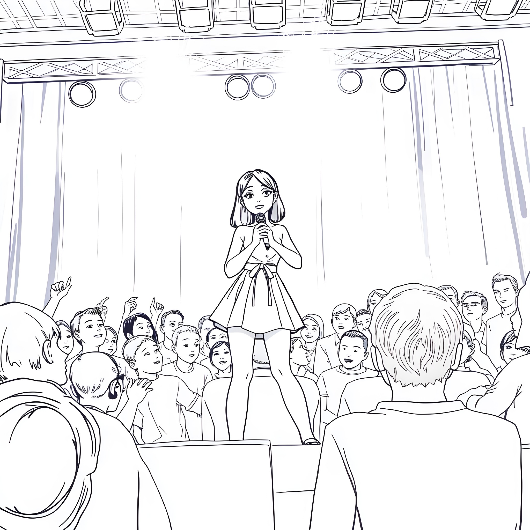 Teen Girl Performing on Stage Before Enthusiastic Crowd Coloring Page (free black-and-white line drawing printable PDF for all, from beginners to advanced learners, including children, teens, adults, and seniors)