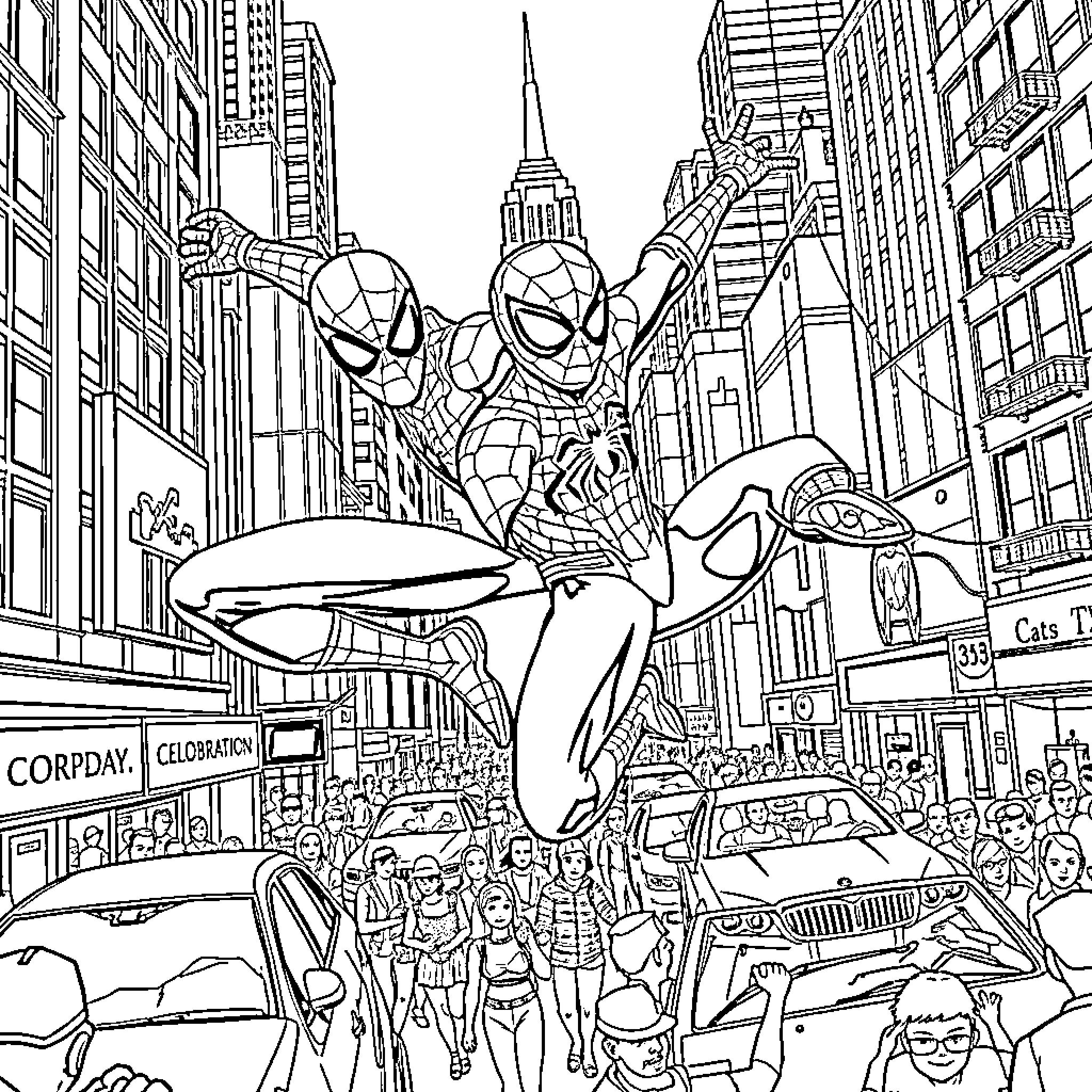 Spider-Man swinging above busy city streets Coloring Page (free black-and-white line drawing printable PDF for all, from beginners to advanced learners, including children, teens, adults, and seniors)