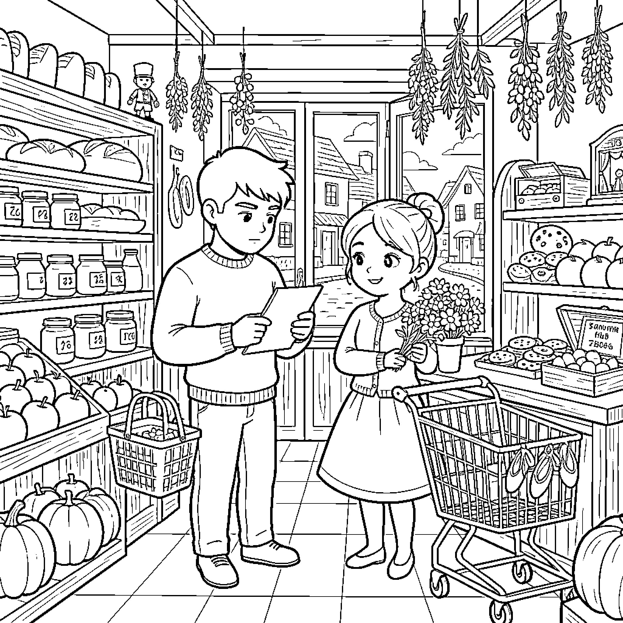 Tin Soldier boy and girl shopping in a bakery Coloring Page (free black-and-white line drawing printable PDF for all, from beginners to advanced learners, including children, teens, adults, and seniors)
