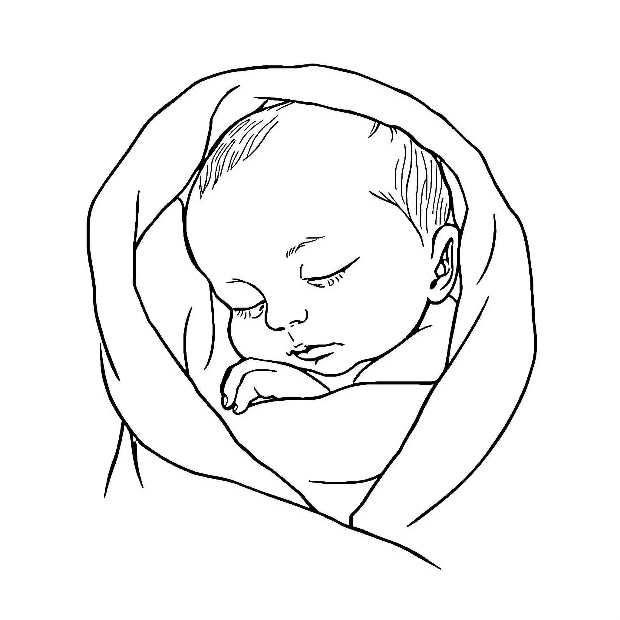 Baby swaddled and sleeping peacefully Coloring Page (free black-and-white line drawing printable PDF for all, from beginners to advanced learners, including children, teens, adults, and seniors)