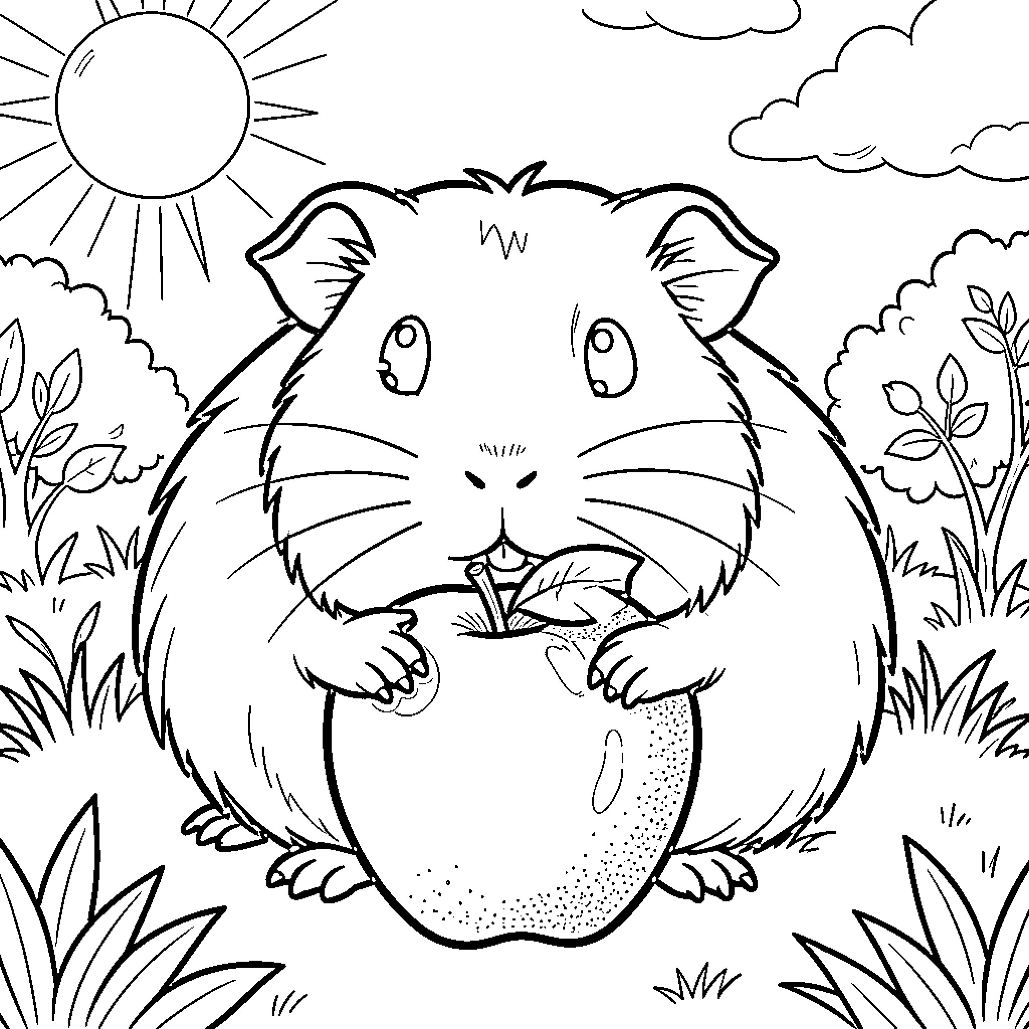Guinea Pig Enjoying the Outdoors Coloring Page (free black-and-white line drawing printable PDF for all, from beginners to advanced learners, including children, teens, adults, and seniors)