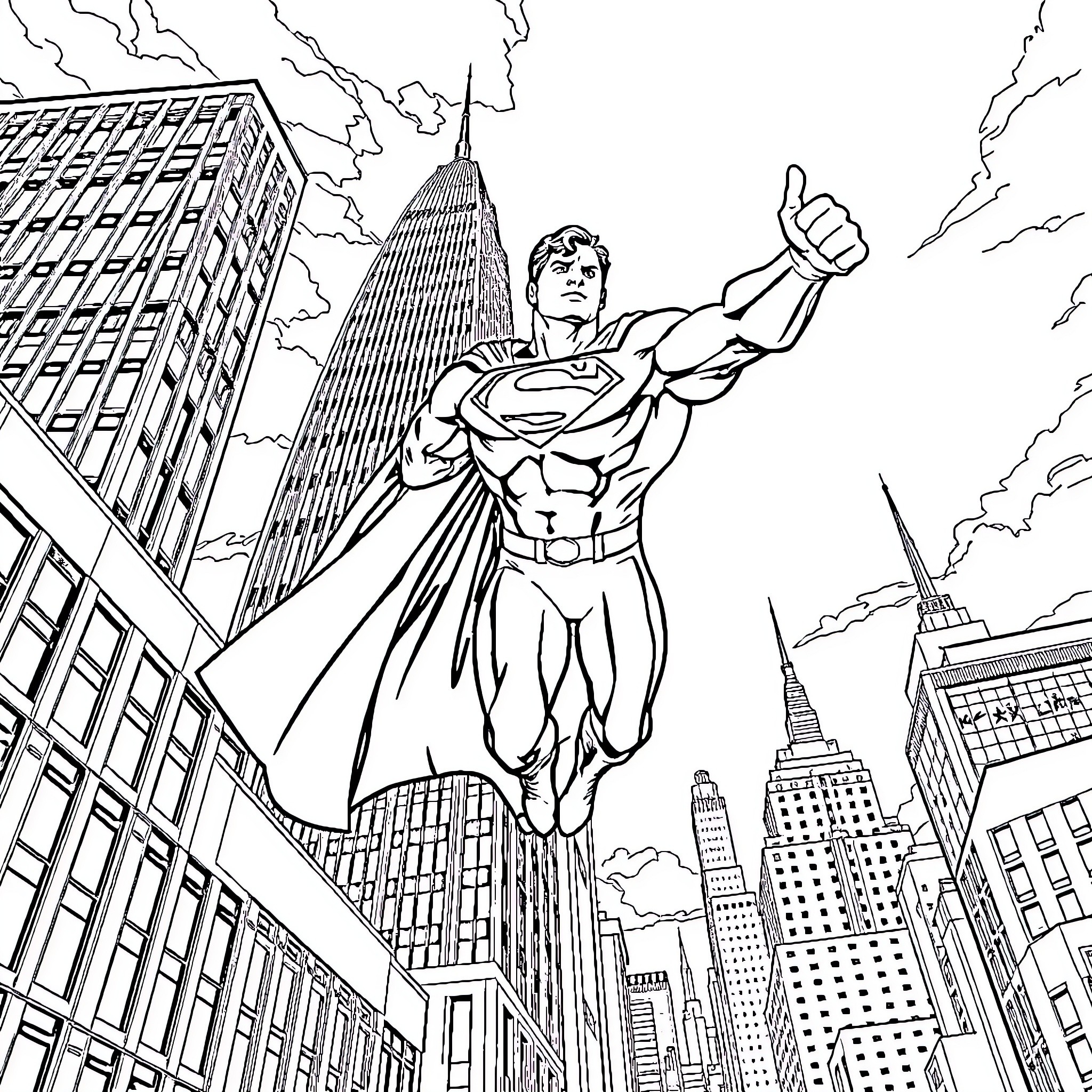 Superman soaring above the city skyline Coloring Page (free black-and-white line drawing printable PDF for all, from beginners to advanced learners, including children, teens, adults, and seniors)