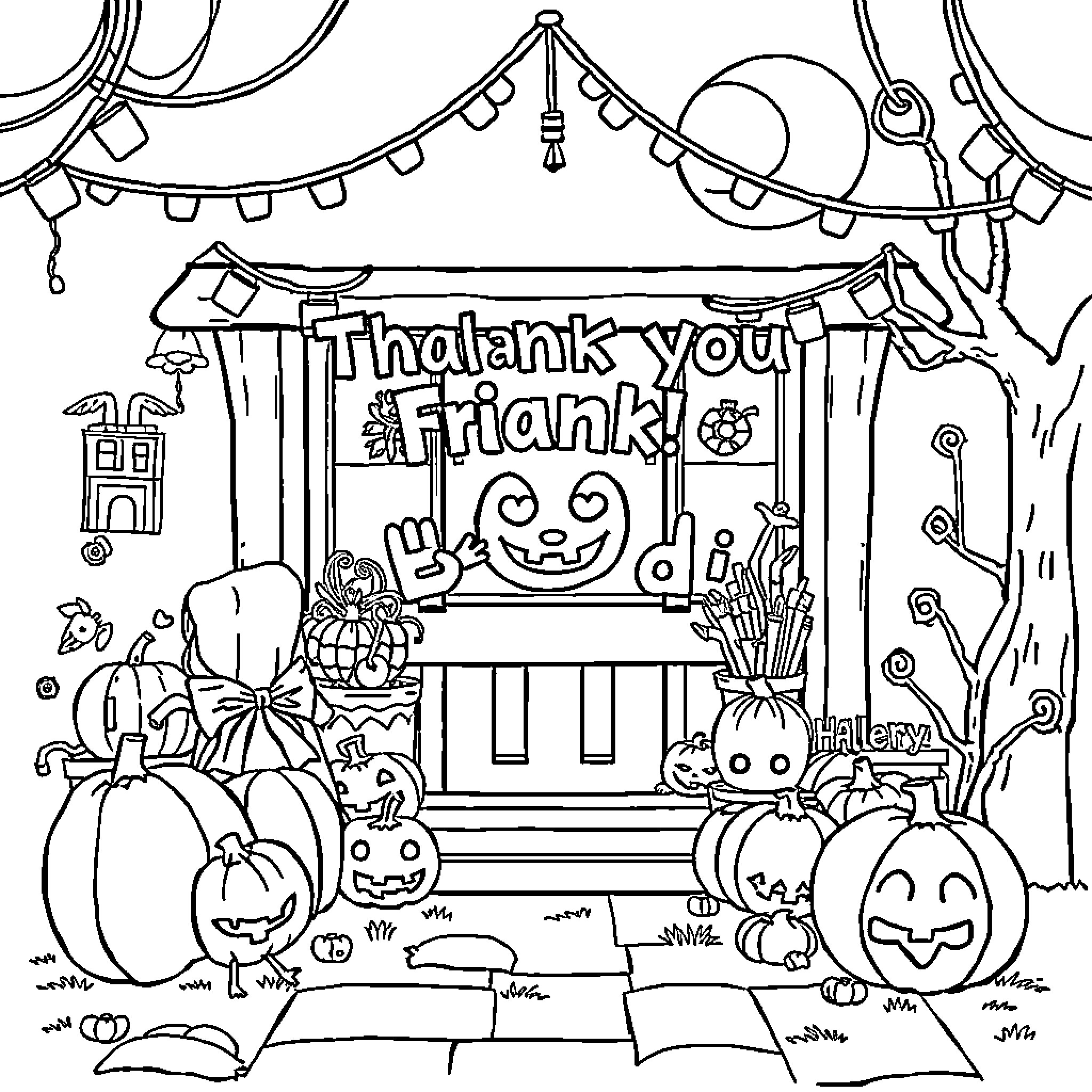 Halloween Festival Scene with Decorations and Pumpkins Coloring Page (free black-and-white line drawing printable PDF for all, from beginners to advanced learners, including children, teens, adults, and seniors)