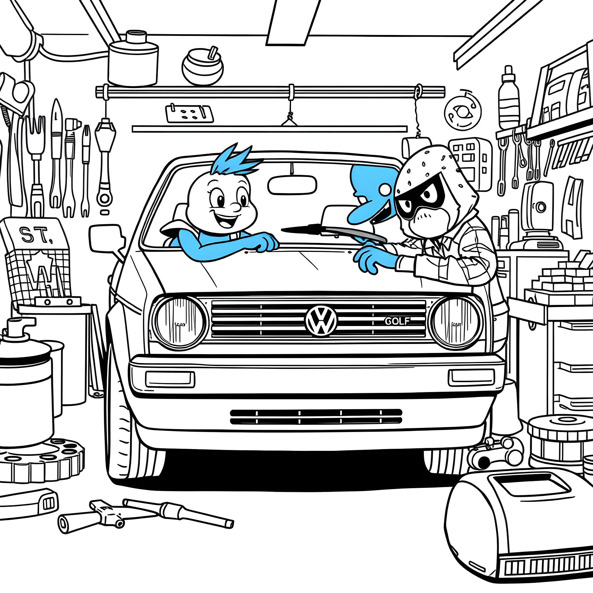 Volkswagen characters working on car in workshop Coloring Page (free black-and-white line drawing printable PDF for all, from beginners to advanced learners, including children, teens, adults, and seniors)