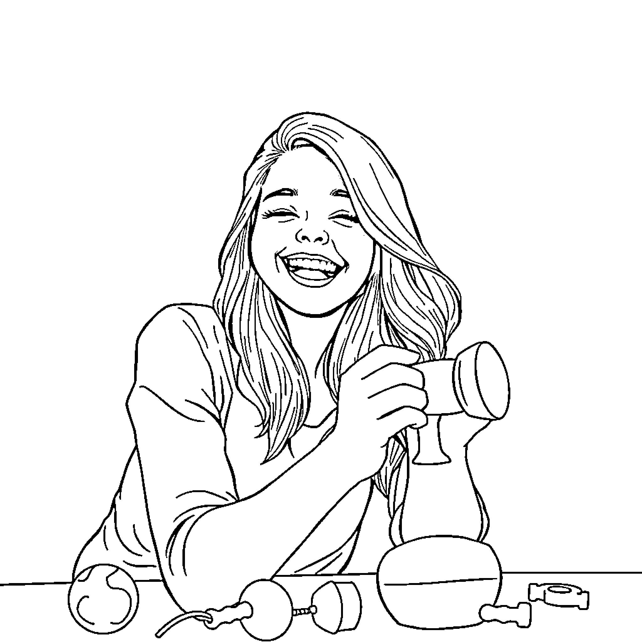 Woman Enjoying Science Experiments with Lab Equipment Coloring Page (free black-and-white line drawing printable PDF for all, from beginners to advanced learners, including children, teens, adults, and seniors)