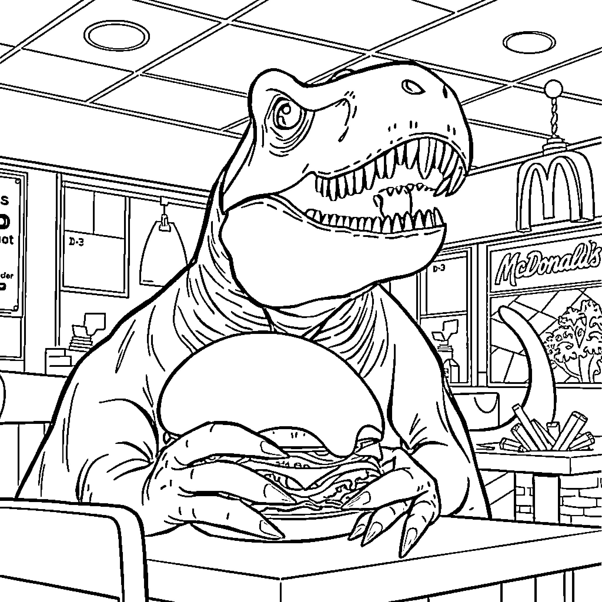 T-Rex enjoying a burger in the fast food joint Coloring Page (free black-and-white line drawing printable PDF for all, from beginners to advanced learners, including children, teens, adults, and seniors)