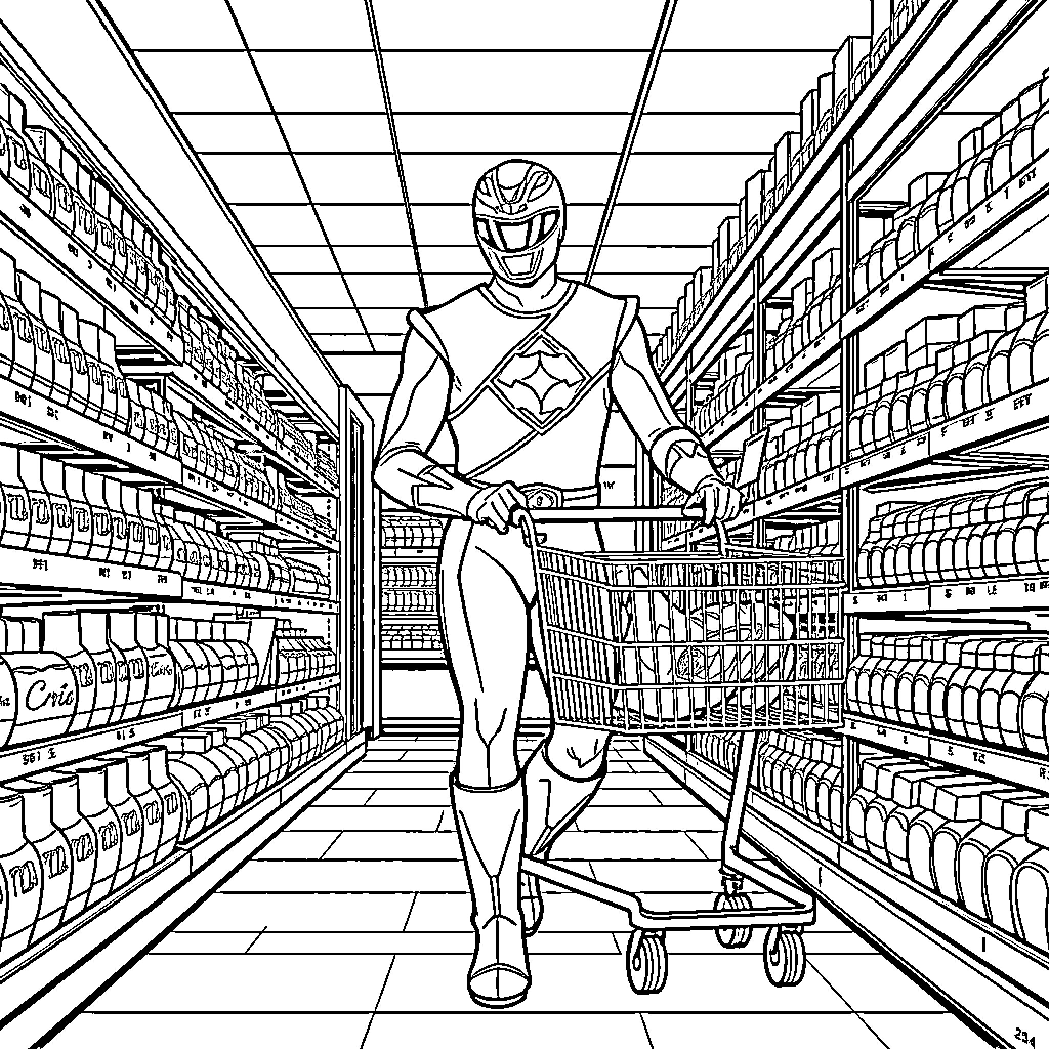 Power Ranger Grocery Shopping in Supermarket Coloring Page (free black-and-white line drawing printable PDF for all, from beginners to advanced learners, including children, teens, adults, and seniors)