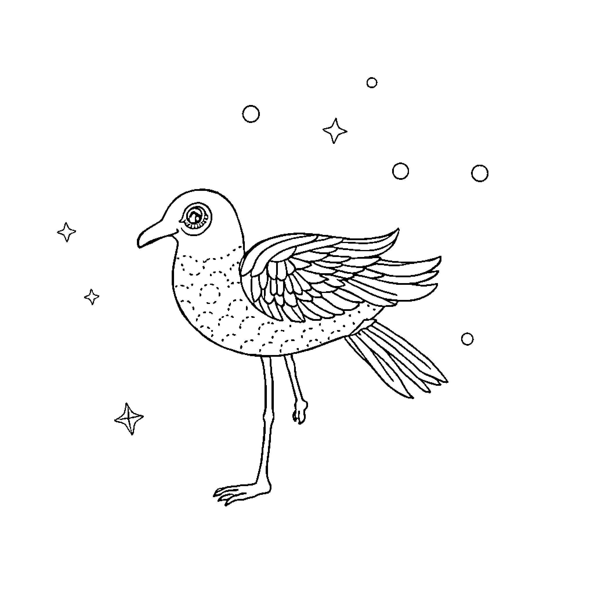 Day of the Whimsical Bird Coloring Page (free black-and-white line drawing printable PDF for all, from beginners to advanced learners, including children, teens, adults, and seniors)