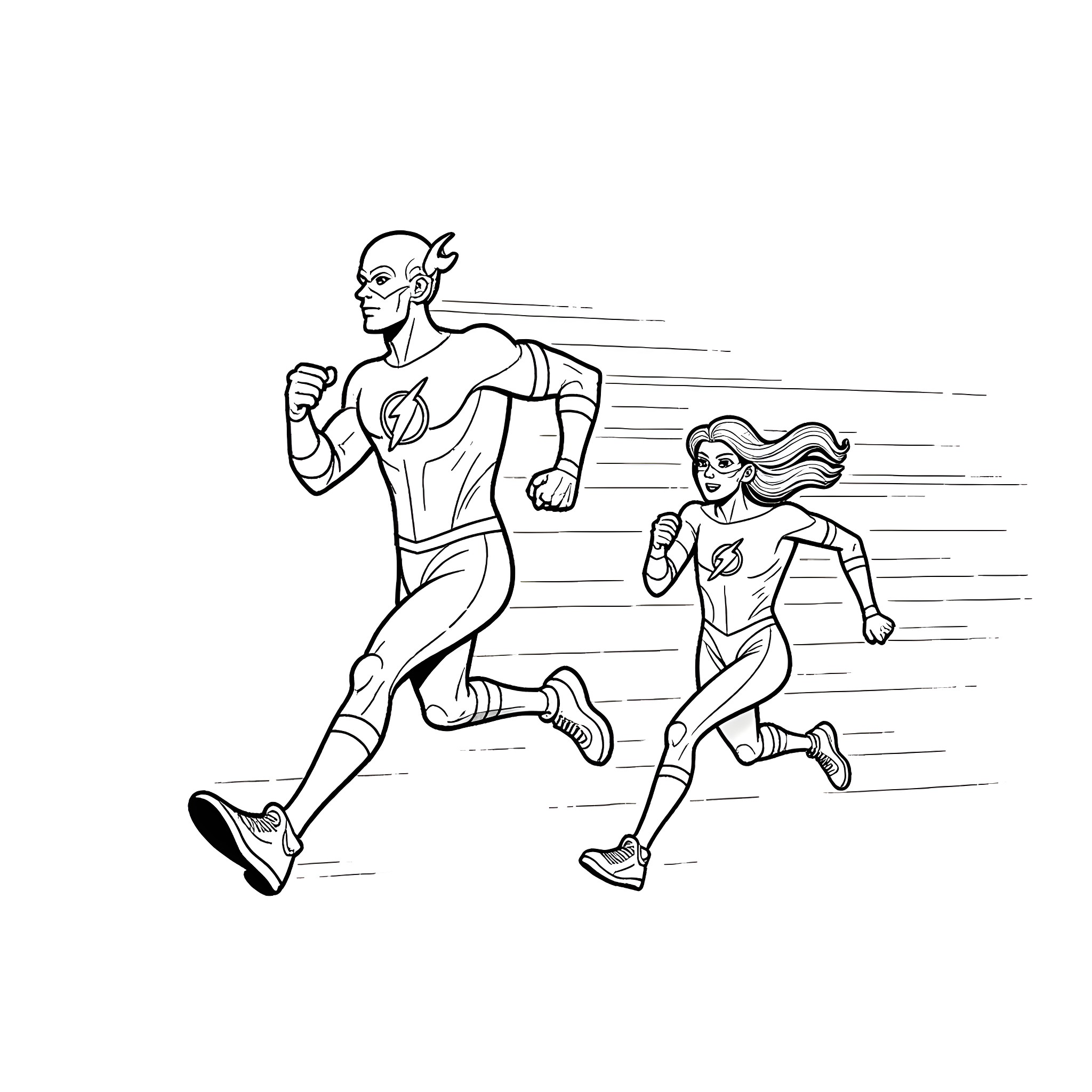 Flash superheroes running at high speed Coloring Page (free black-and-white line drawing printable PDF for all, from beginners to advanced learners, including children, teens, adults, and seniors)