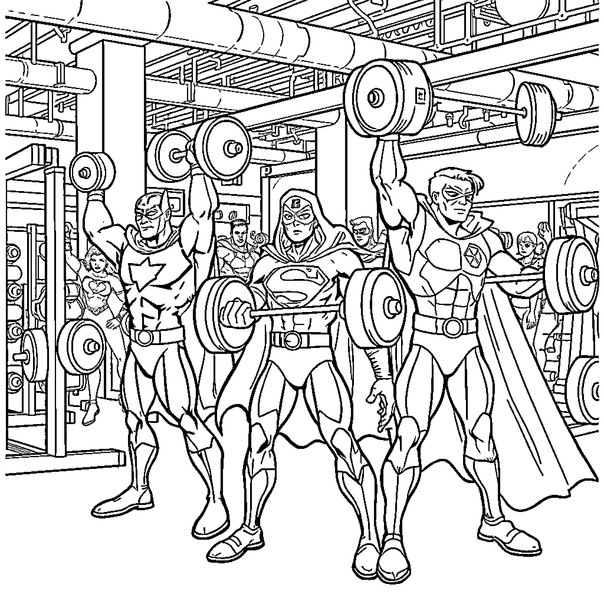 Superhero Workout Session at the Gym Coloring Page (free black-and-white line drawing printable PDF for all, from beginners to advanced learners, including children, teens, adults, and seniors)