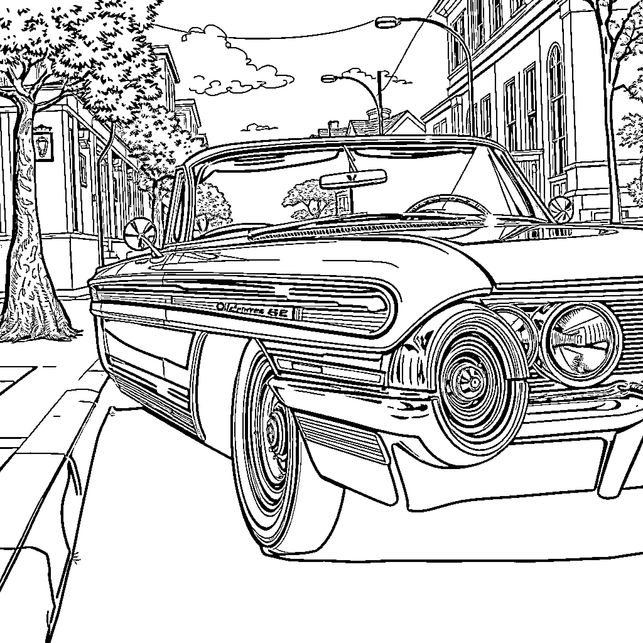 Oldsmobile Car Parked on City Street Coloring Page (free black-and-white line drawing printable PDF for all, from beginners to advanced learners, including children, teens, adults, and seniors)