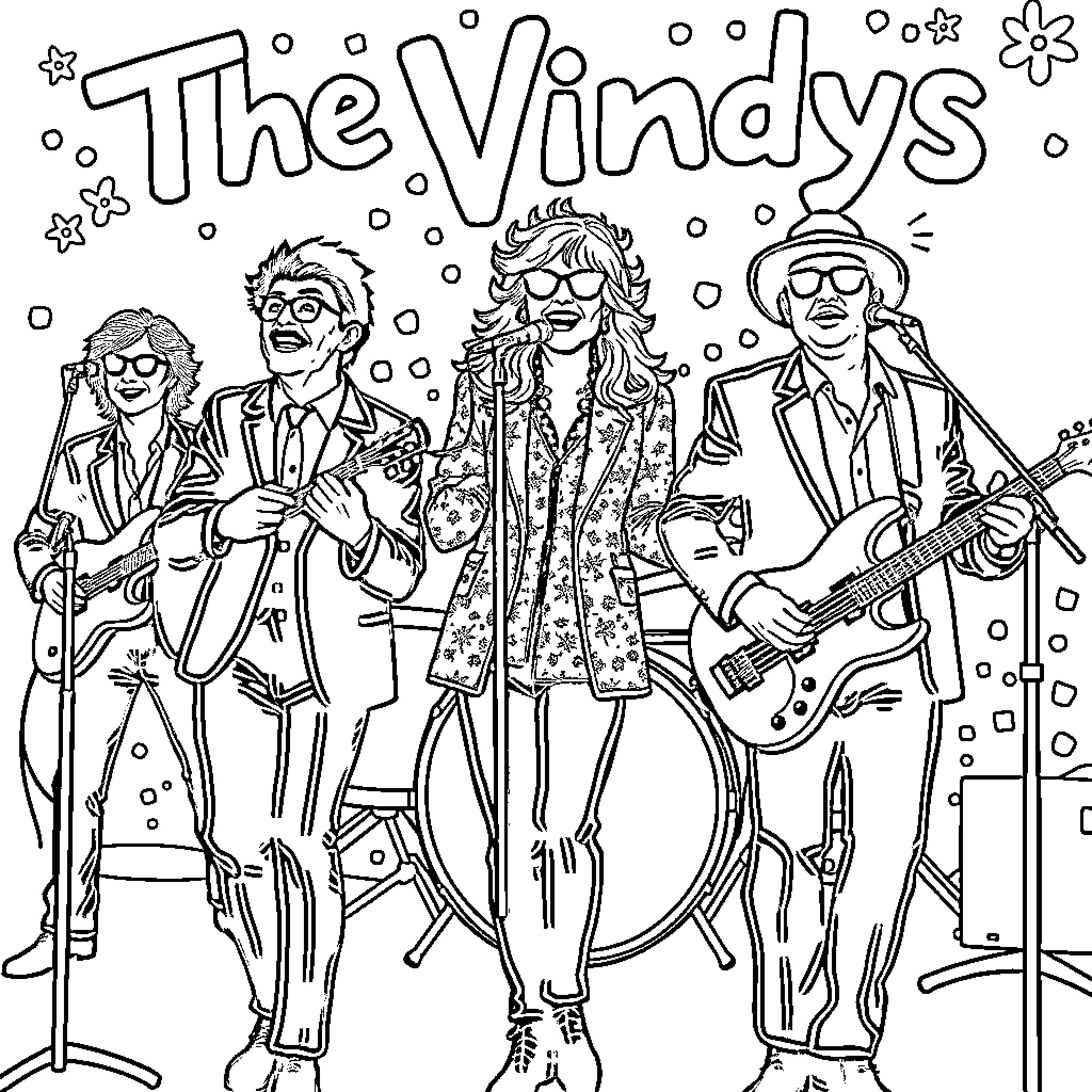 The Vindys Performing On Stage Coloring Page (free black-and-white line drawing printable PDF for all, from beginners to advanced learners, including children, teens, adults, and seniors)
