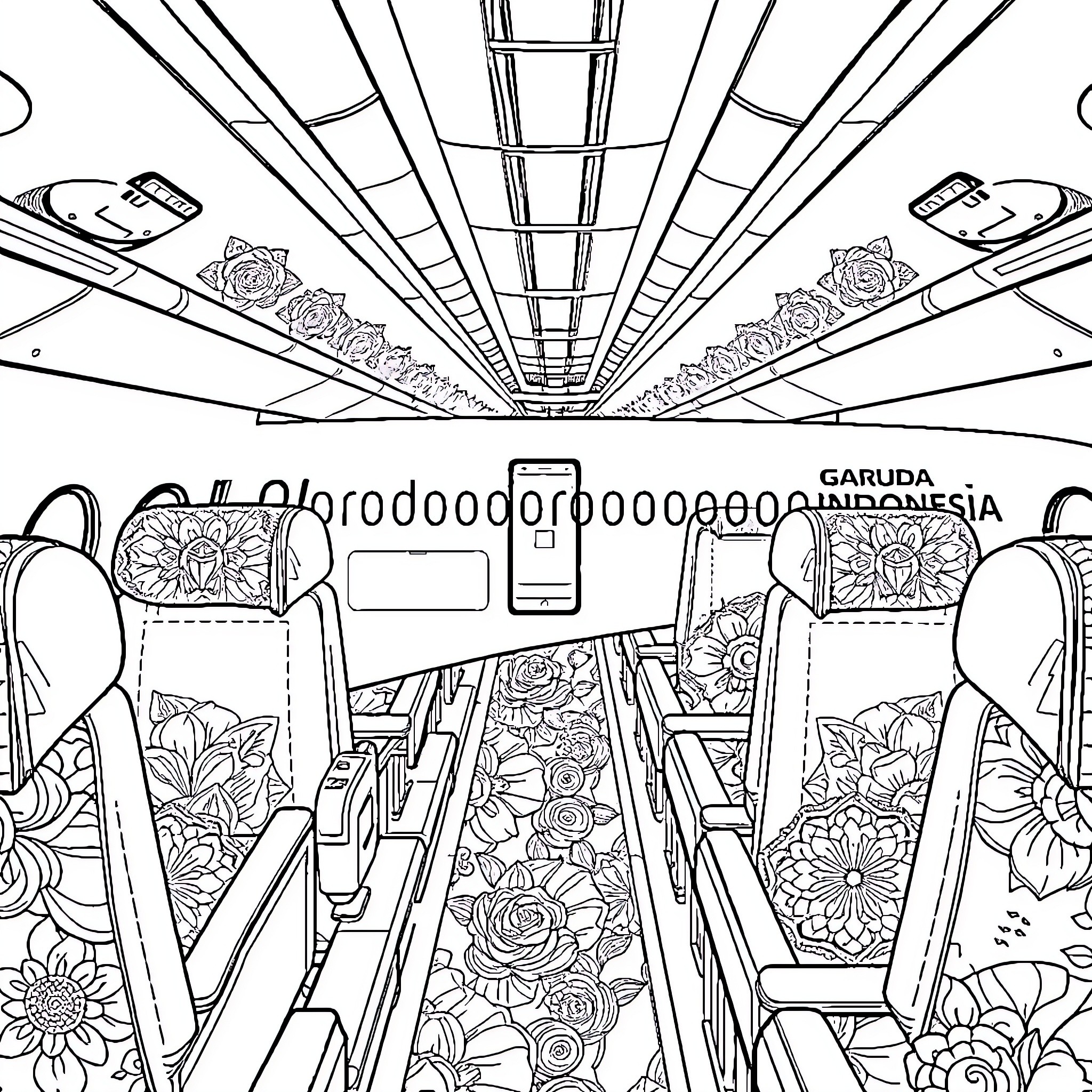 Garuda Floral Interior: Detailed Cabin Decor Coloring Page (free black-and-white line drawing printable PDF for all, from beginners to advanced learners, including children, teens, adults, and seniors)