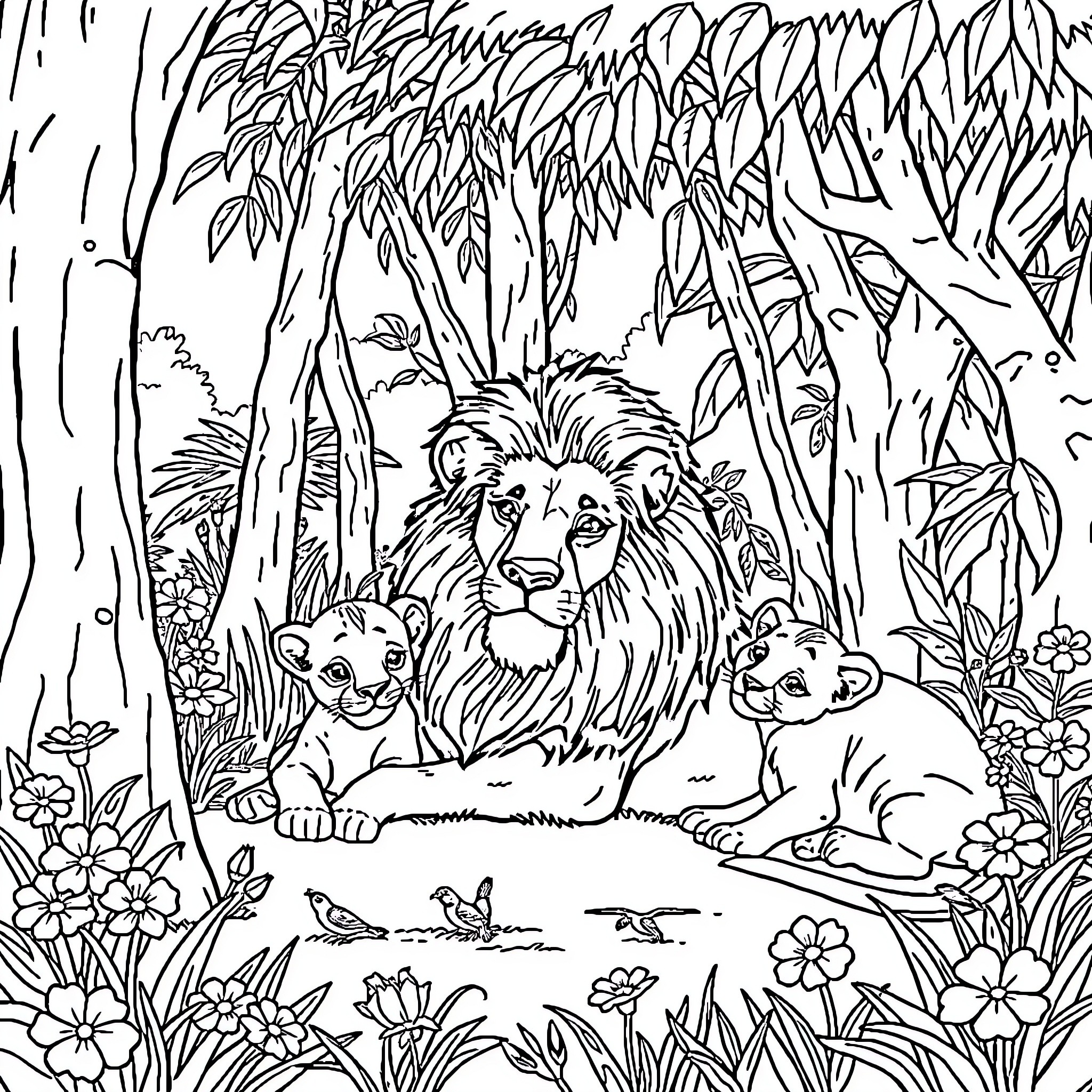 Lion Family Relaxing in Lush Jungle Landscape Coloring Page (free black-and-white line drawing printable PDF for all, from beginners to advanced learners, including children, teens, adults, and seniors)