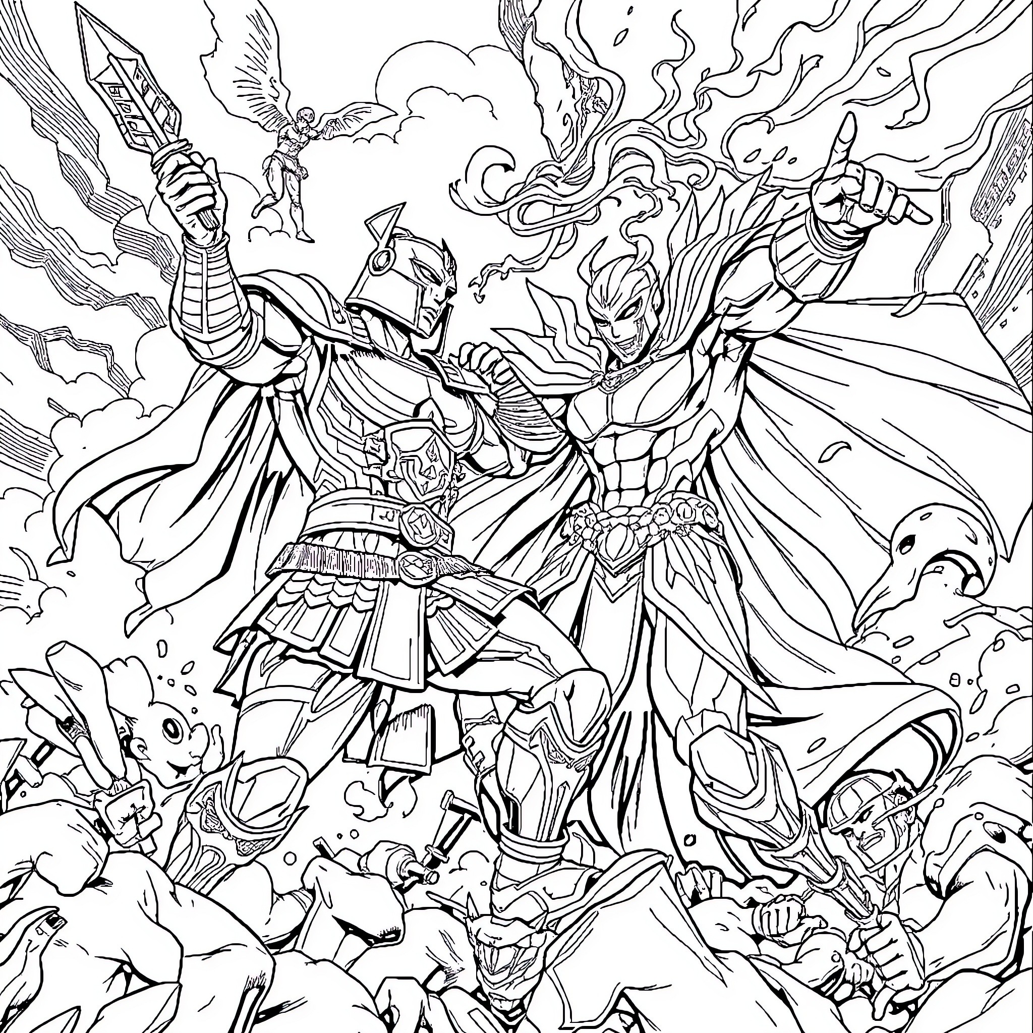 Conquest of Mythical Realms and Creatures Coloring Page (free black-and-white line drawing printable PDF for all, from beginners to advanced learners, including children, teens, adults, and seniors)