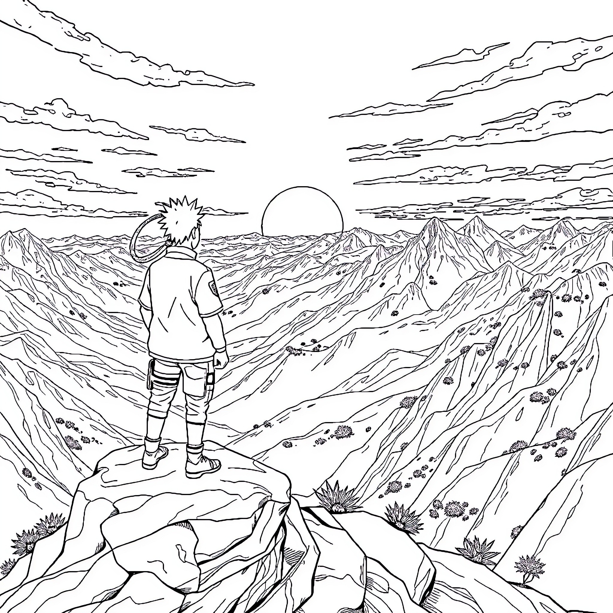 Naruto overlooking the vast and rugged landscape Coloring Page (free black-and-white line drawing printable PDF for all, from beginners to advanced learners, including children, teens, adults, and seniors)
