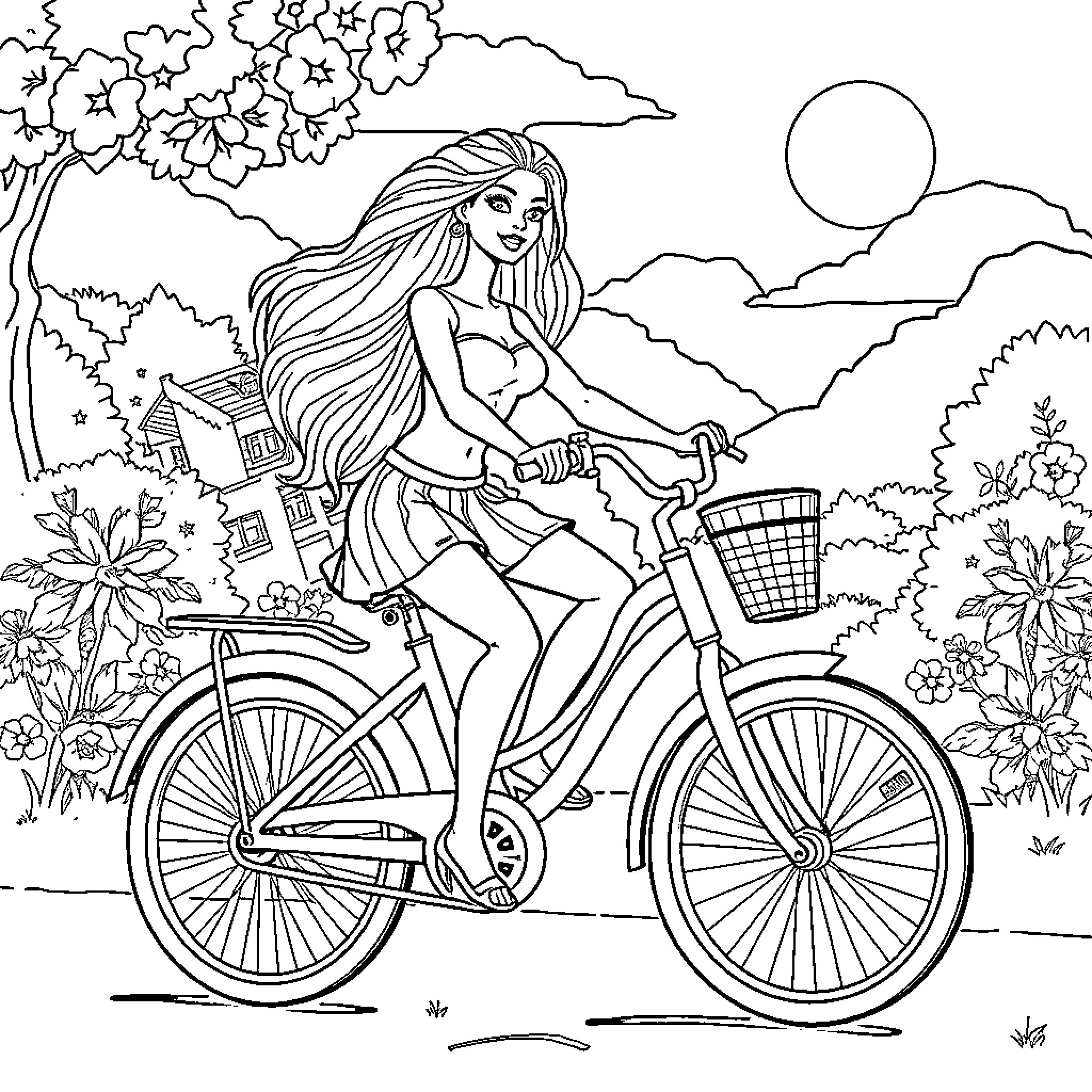 Barbie's Bike Ride Through the Garden Coloring Page (free black-and-white line drawing printable PDF for all, from beginners to advanced learners, including children, teens, adults, and seniors)