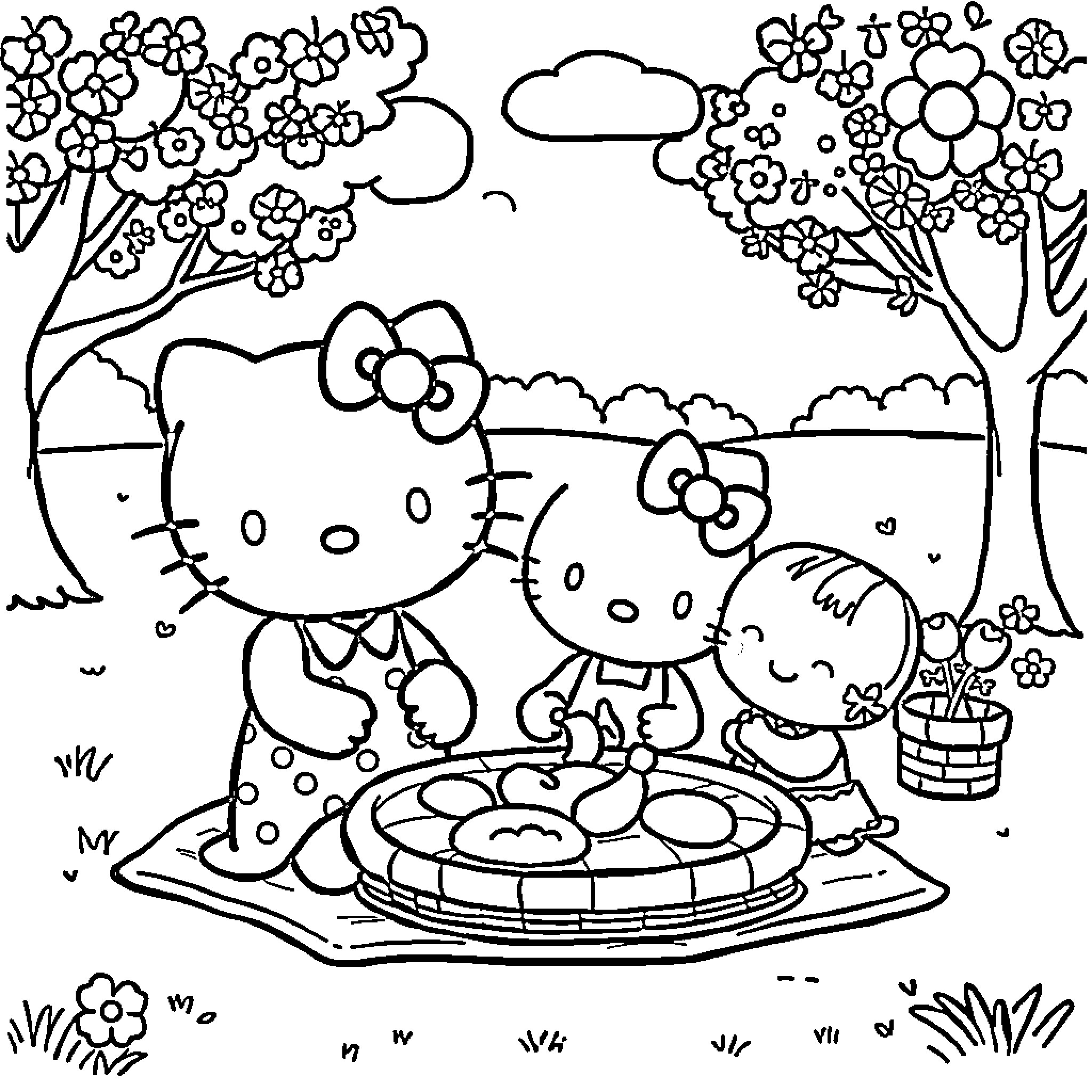 Hello Kitty and friends enjoy a picnic in the park Coloring Page (free black-and-white line drawing printable PDF for all, from beginners to advanced learners, including children, teens, adults, and seniors)