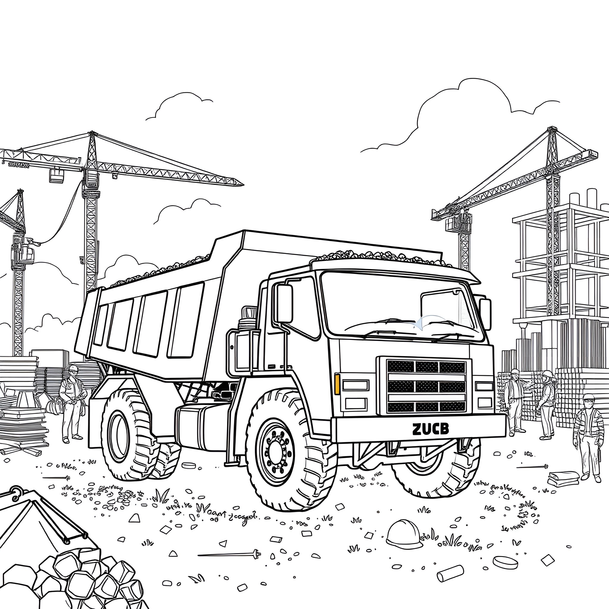 Dump Truck Transporting Materials at Construction Site Coloring Page (free black-and-white line drawing printable PDF for all, from beginners to advanced learners, including children, teens, adults, and seniors)
