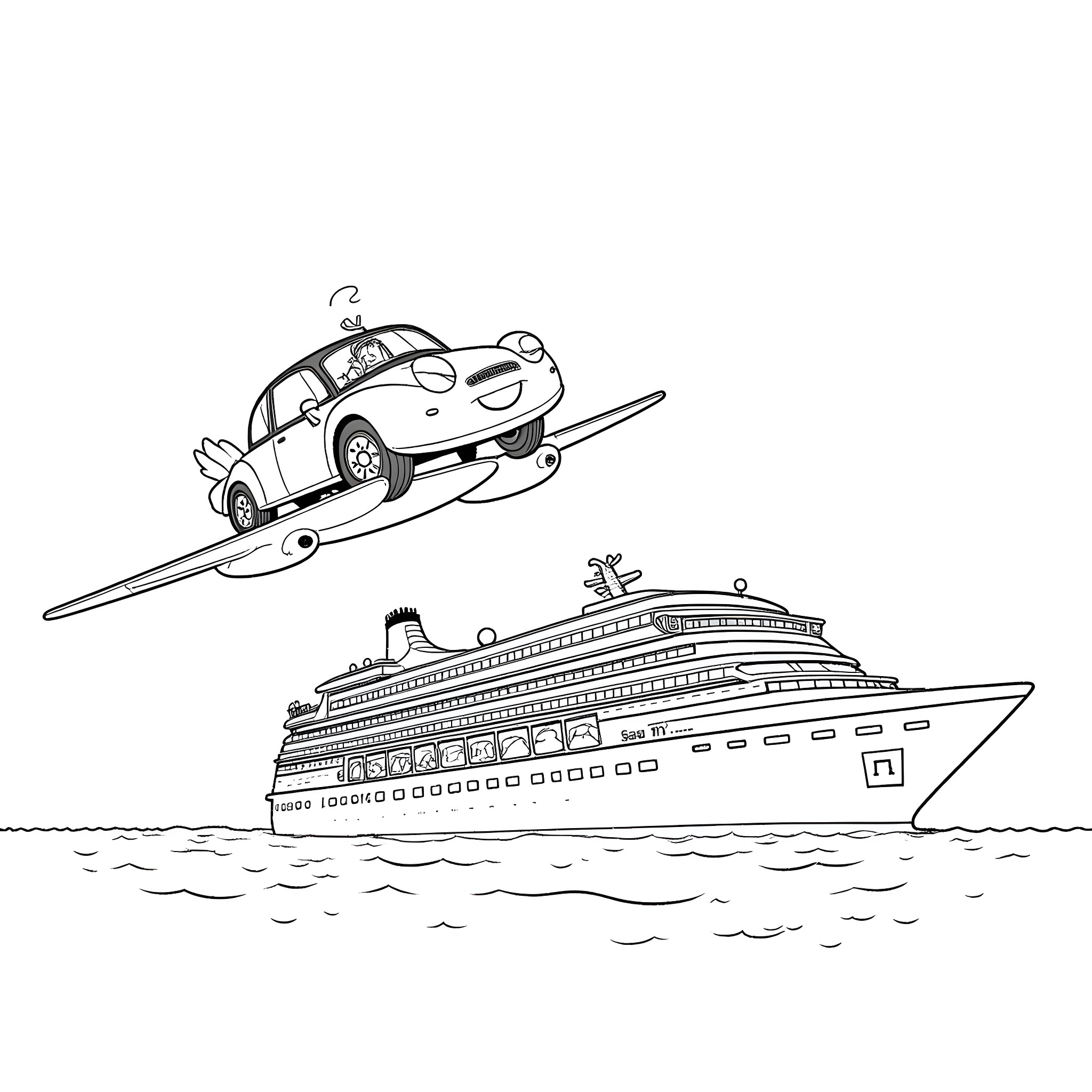 Car towed by ship on the sea Coloring Page (free black-and-white line drawing printable PDF for all, from beginners to advanced learners, including children, teens, adults, and seniors)