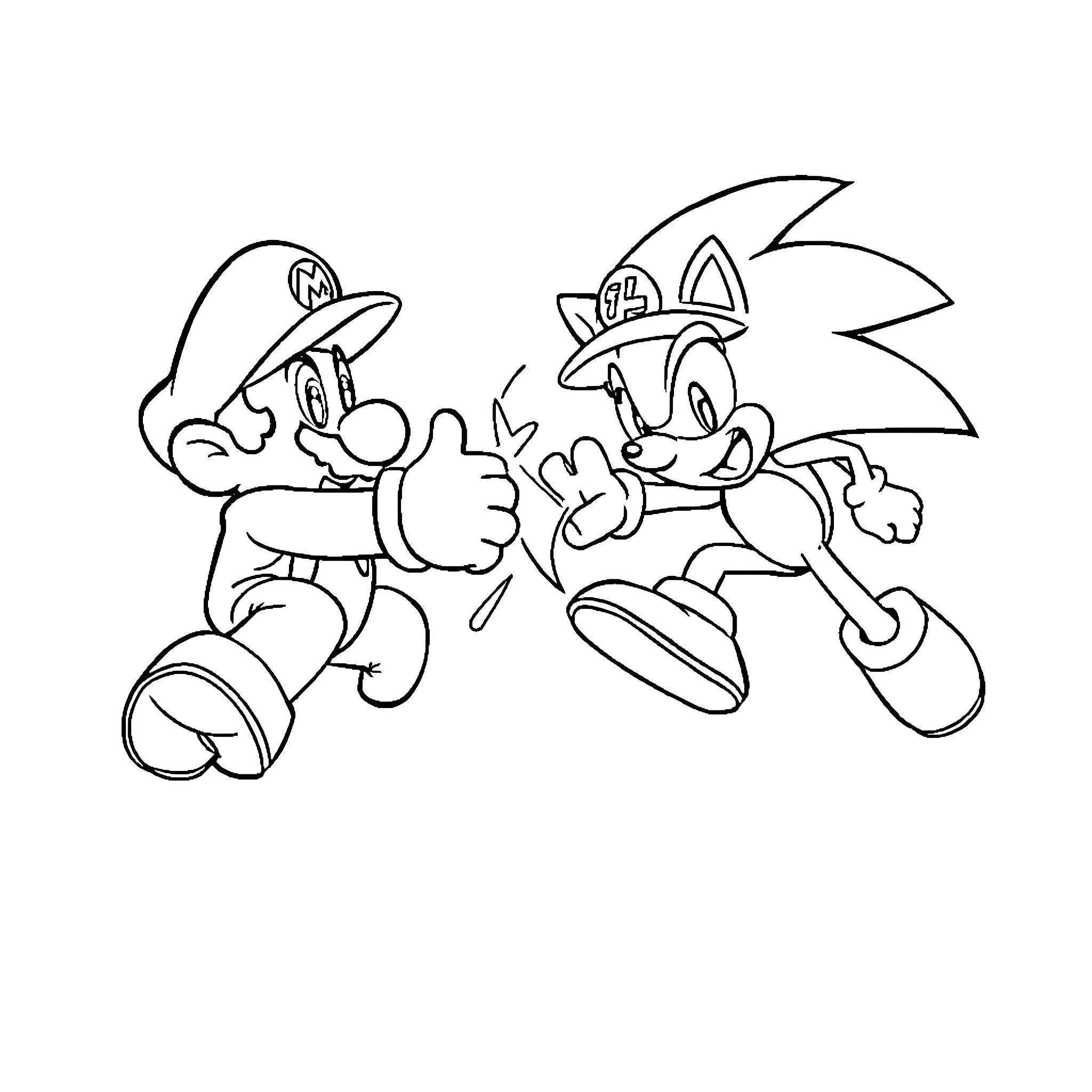 Mario and Sonic fighting in action poses Coloring Page (free black-and-white line drawing printable PDF for all, from beginners to advanced learners, including children, teens, adults, and seniors)