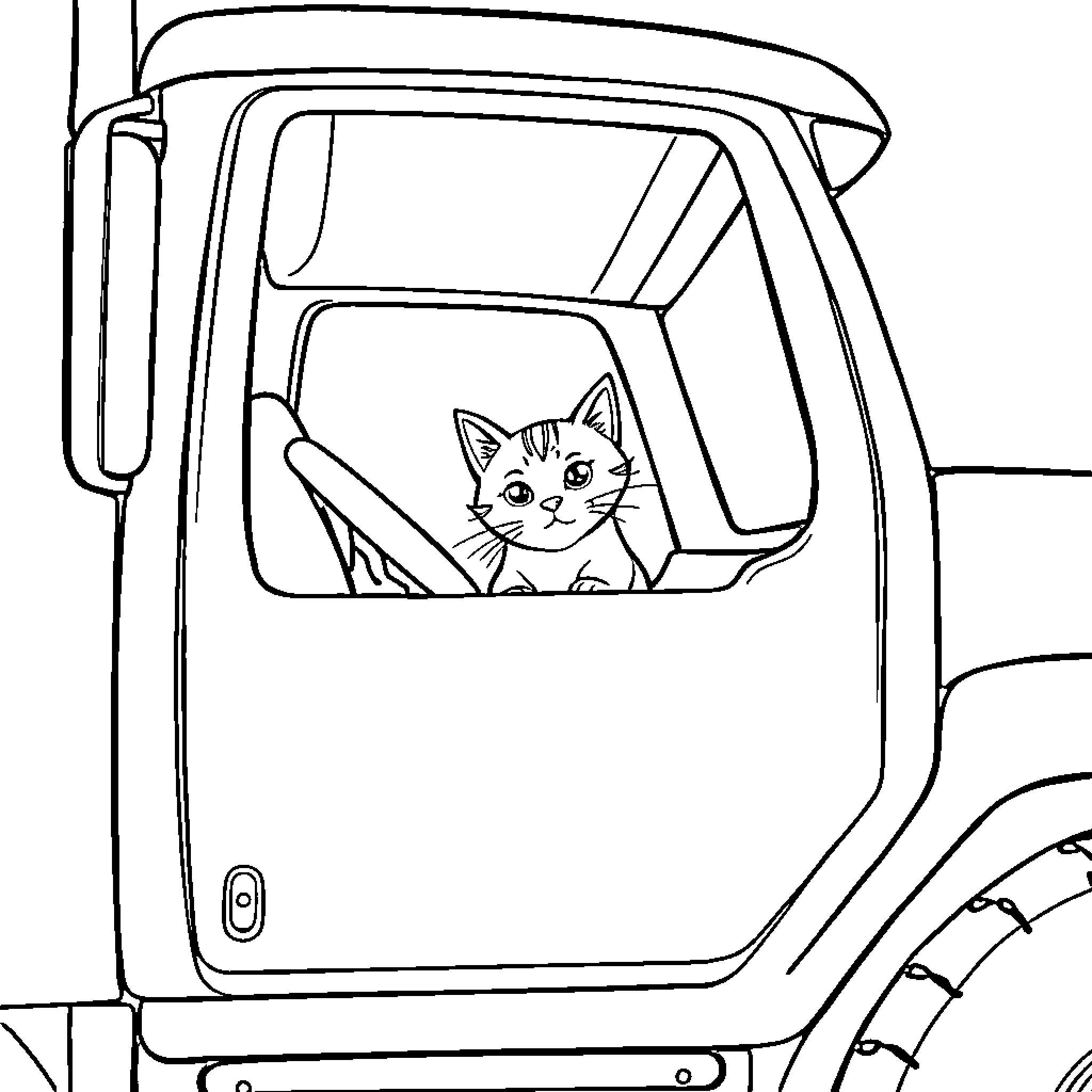 Cat peeking out from truck window Coloring Page (free black-and-white line drawing printable PDF for all, from beginners to advanced learners, including children, teens, adults, and seniors)