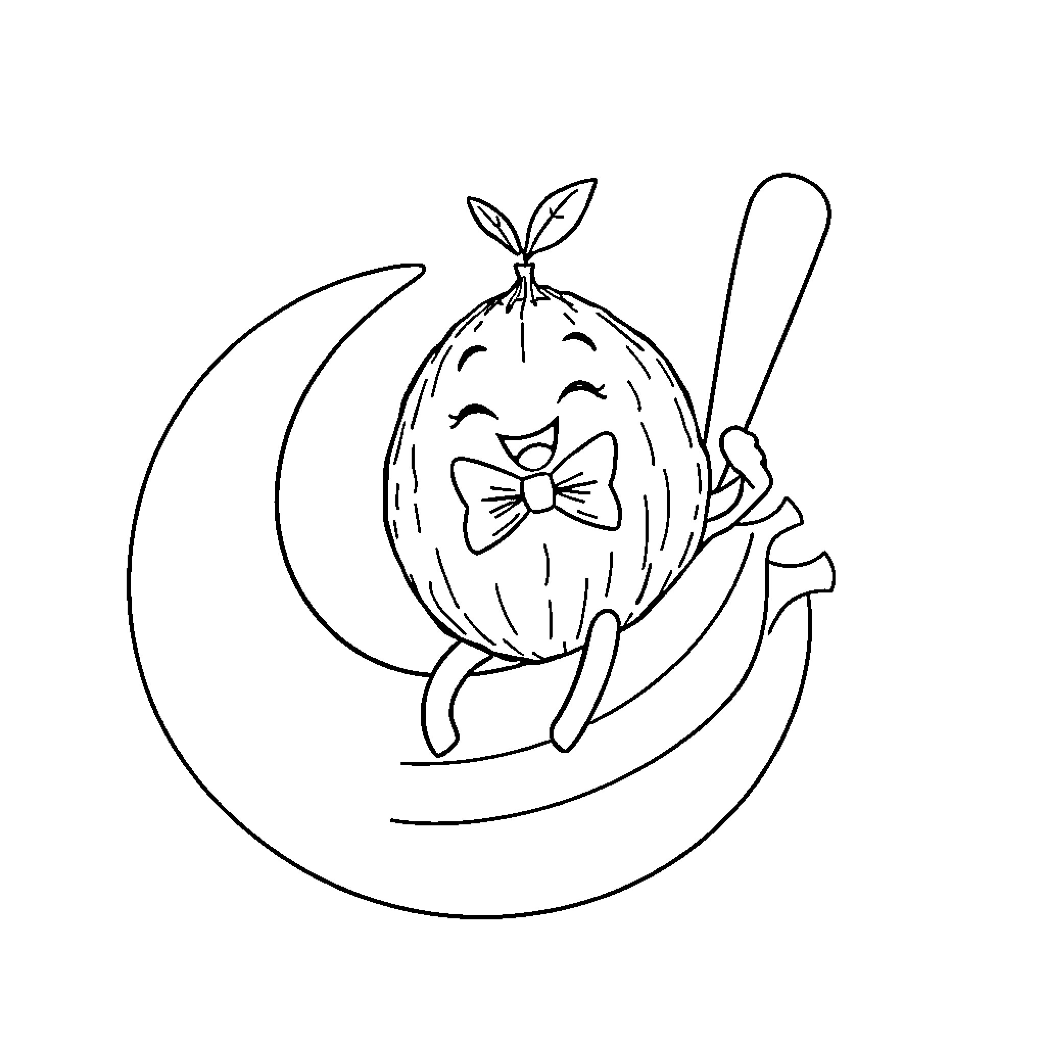 Coconut character waving on a crescent moon Coloring Page (free black-and-white line drawing printable PDF for all, from beginners to advanced learners, including children, teens, adults, and seniors)