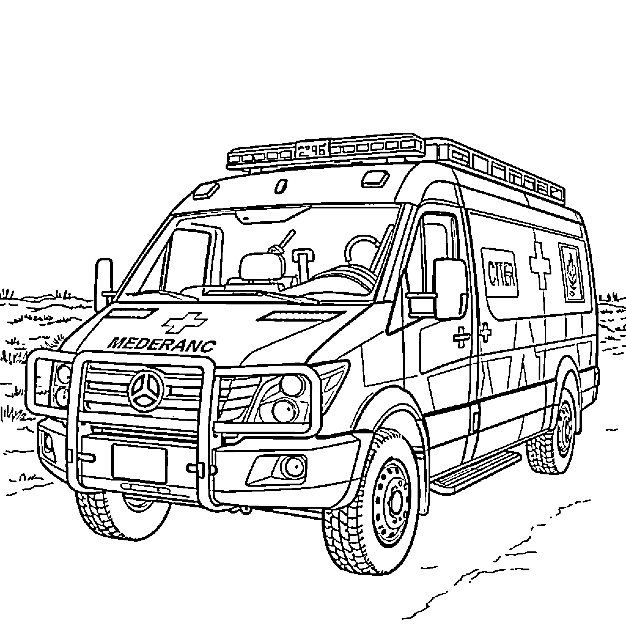 Boxer ambulance in emergency response Coloring Page (free black-and-white line drawing printable PDF for all, from beginners to advanced learners, including children, teens, adults, and seniors)