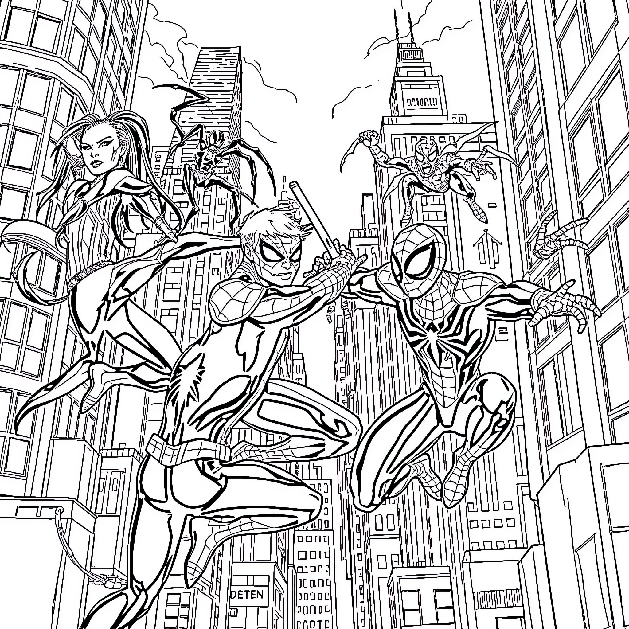 Spider-Man and Superheroes Swinging Through City Coloring Page (free black-and-white line drawing printable PDF for all, from beginners to advanced learners, including children, teens, adults, and seniors)