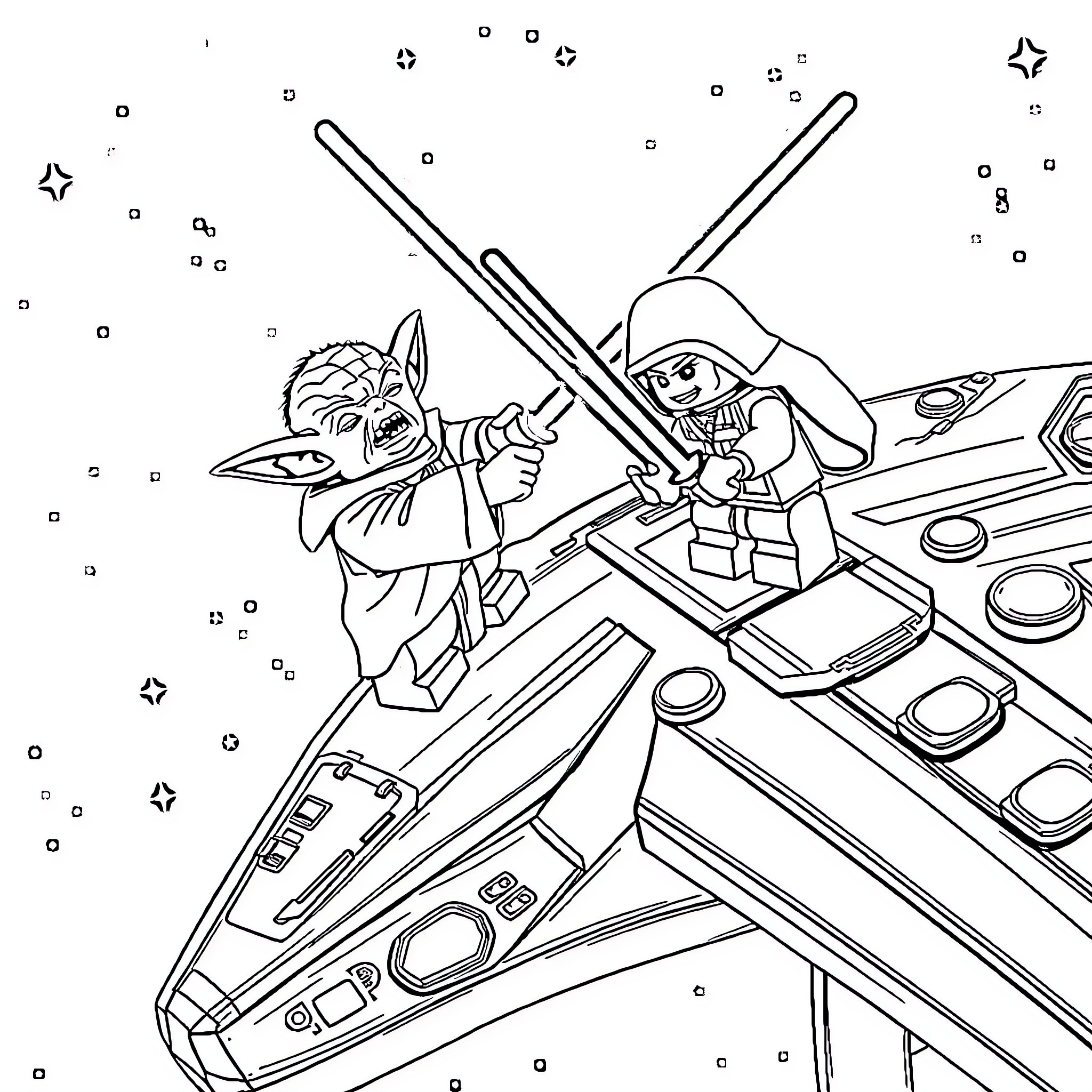 Yoda and Lego warrior battle in spaceship Coloring Page (free black-and-white line drawing printable PDF for all, from beginners to advanced learners, including children, teens, adults, and seniors)