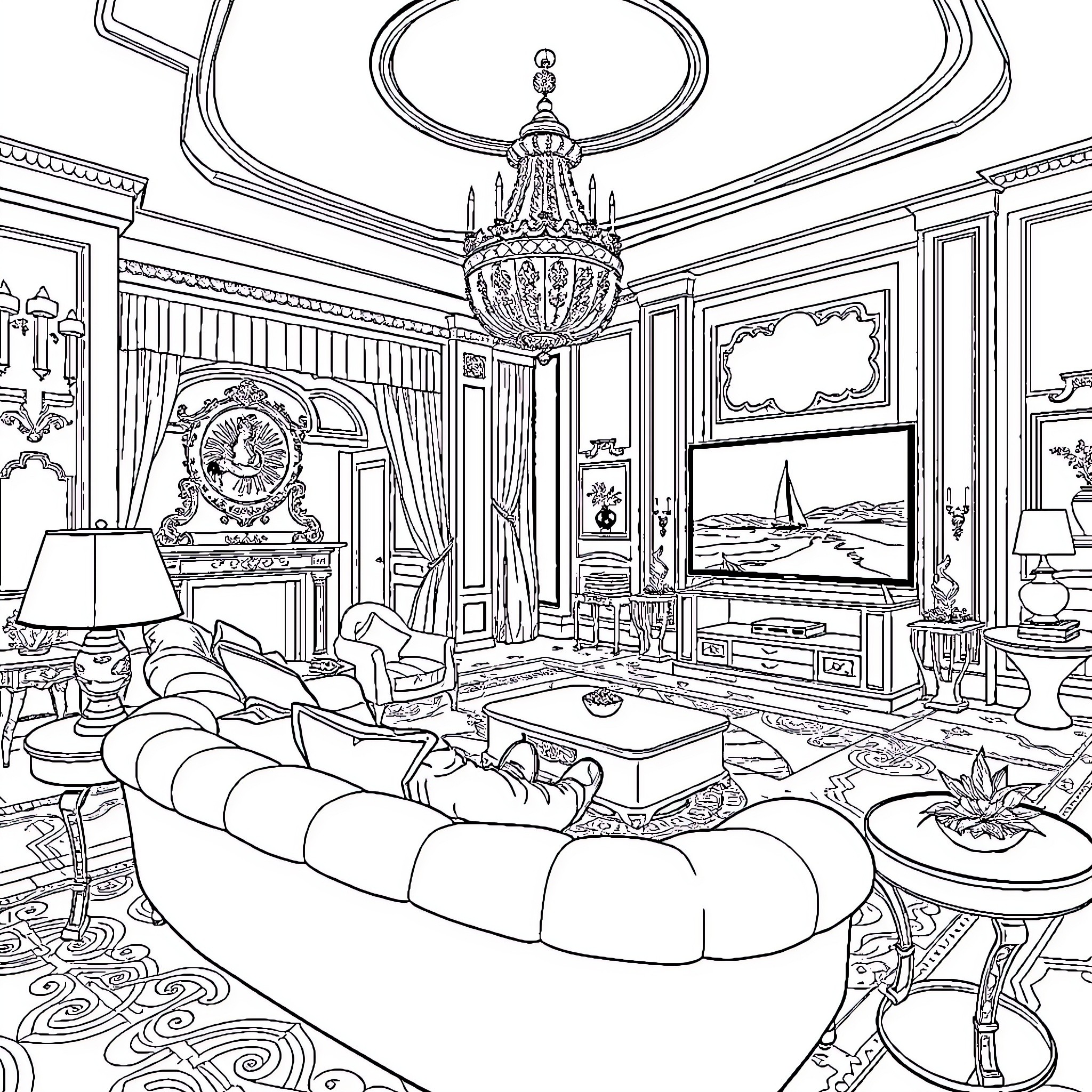 Person enjoying luxurious interior in elegant living room Coloring Page (free black-and-white line drawing printable PDF for all, from beginners to advanced learners, including children, teens, adults, and seniors)