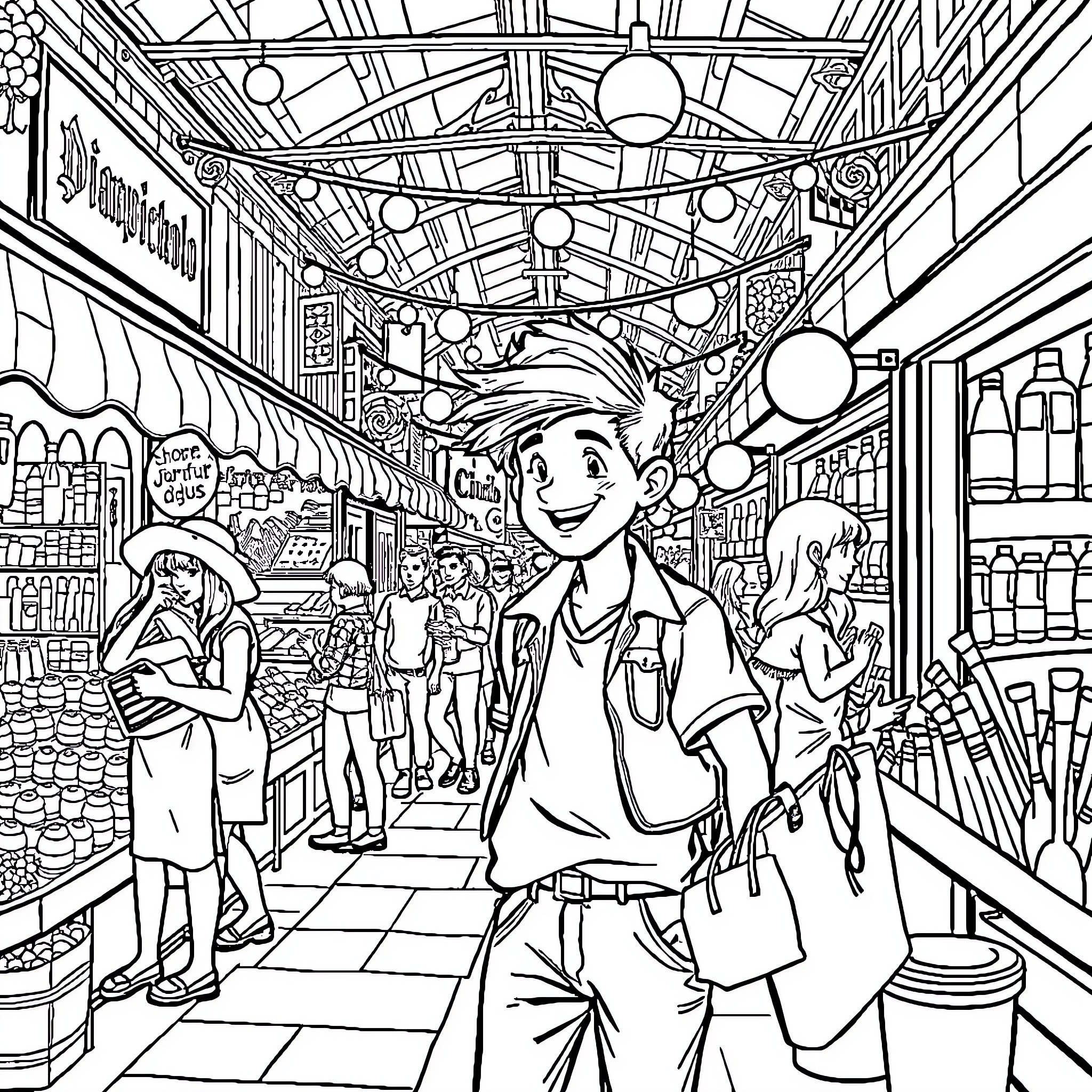Boy Exploring the Bustling Marketplace Coloring Page (free black-and-white line drawing printable PDF for all, from beginners to advanced learners, including children, teens, adults, and seniors)