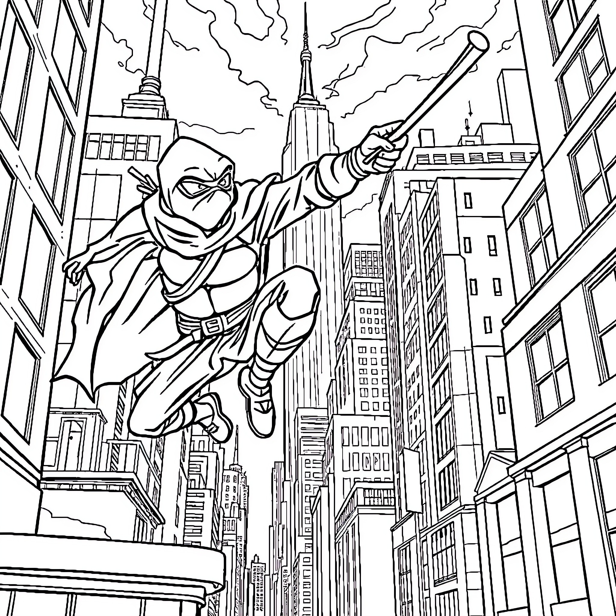 Tortuga Ninja swinging through the city skyline Coloring Page (free black-and-white line drawing printable PDF for all, from beginners to advanced learners, including children, teens, adults, and seniors)