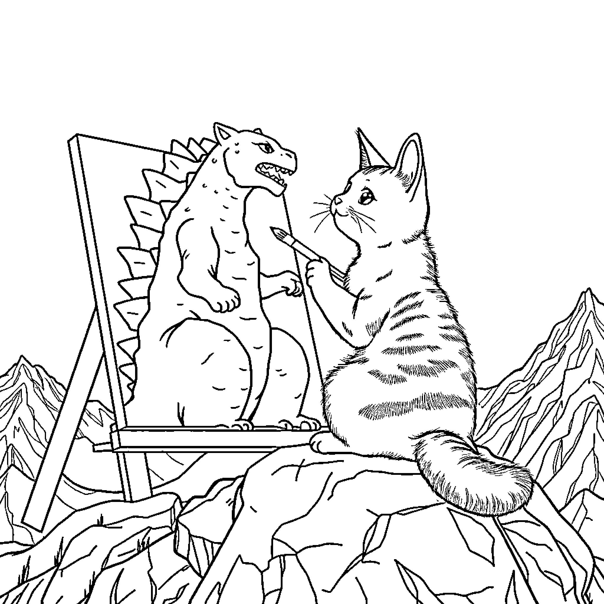 Cat and Dinosaur Playing Together in the Mountains Coloring Page (free black-and-white line drawing printable PDF for all, from beginners to advanced learners, including children, teens, adults, and seniors)
