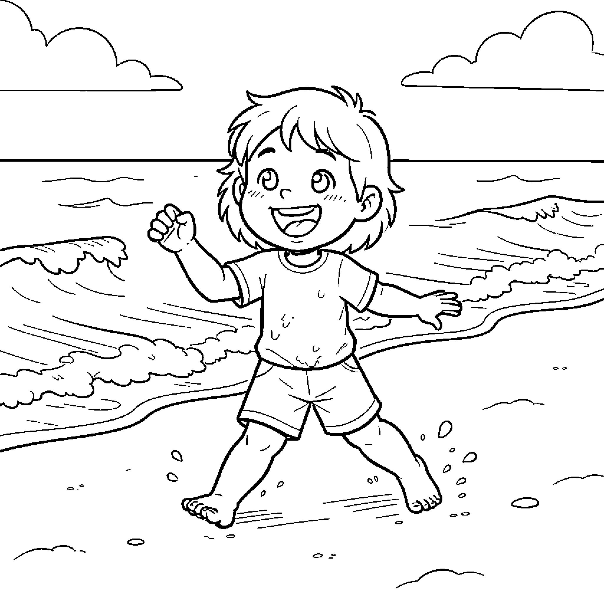 Desiré playing happily on the beach waves Coloring Page (free black-and-white line drawing printable PDF for all, from beginners to advanced learners, including children, teens, adults, and seniors)