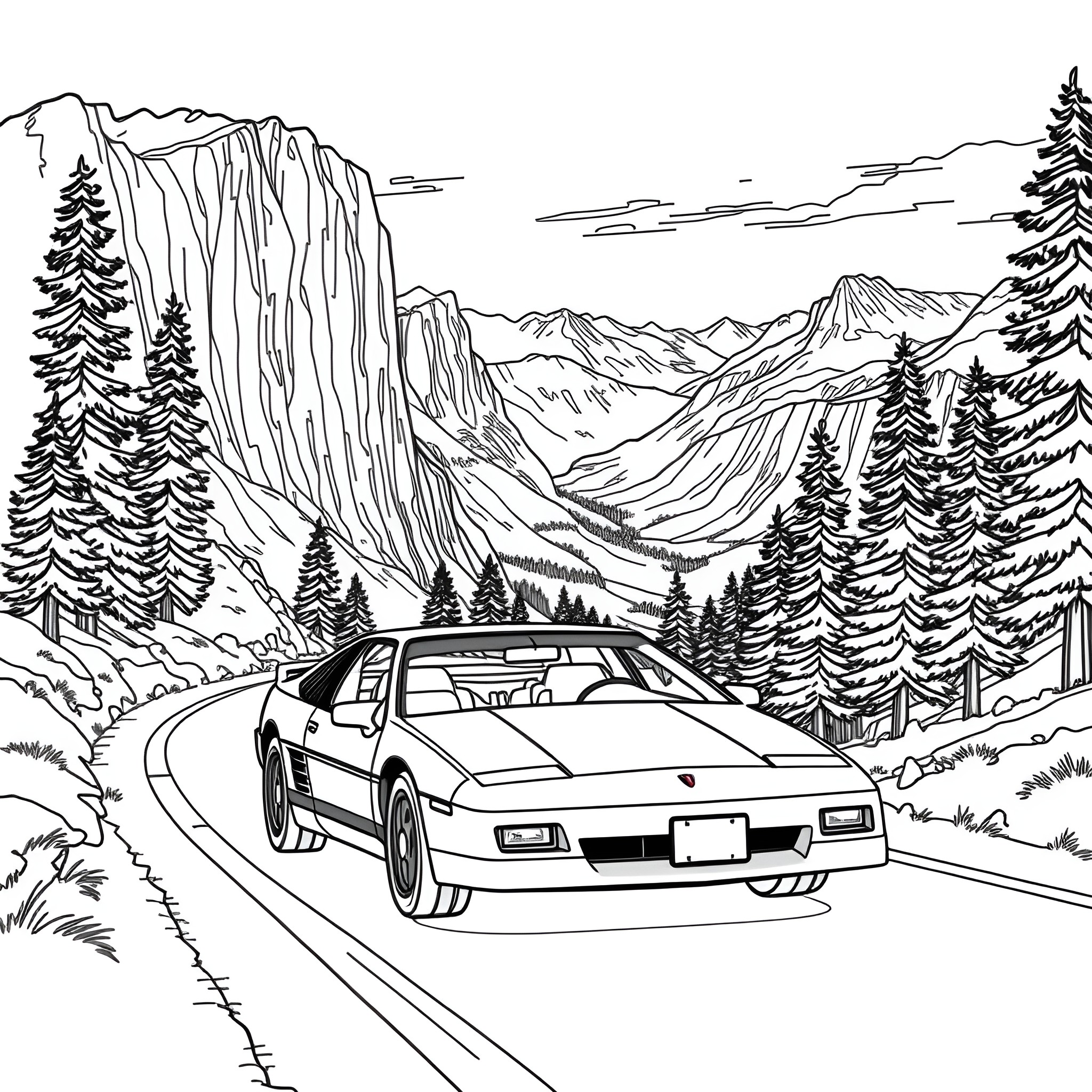 Pontiac Fiero driving through scenic mountain landscape Coloring Page (free black-and-white line drawing printable PDF for all, from beginners to advanced learners, including children, teens, adults, and seniors)