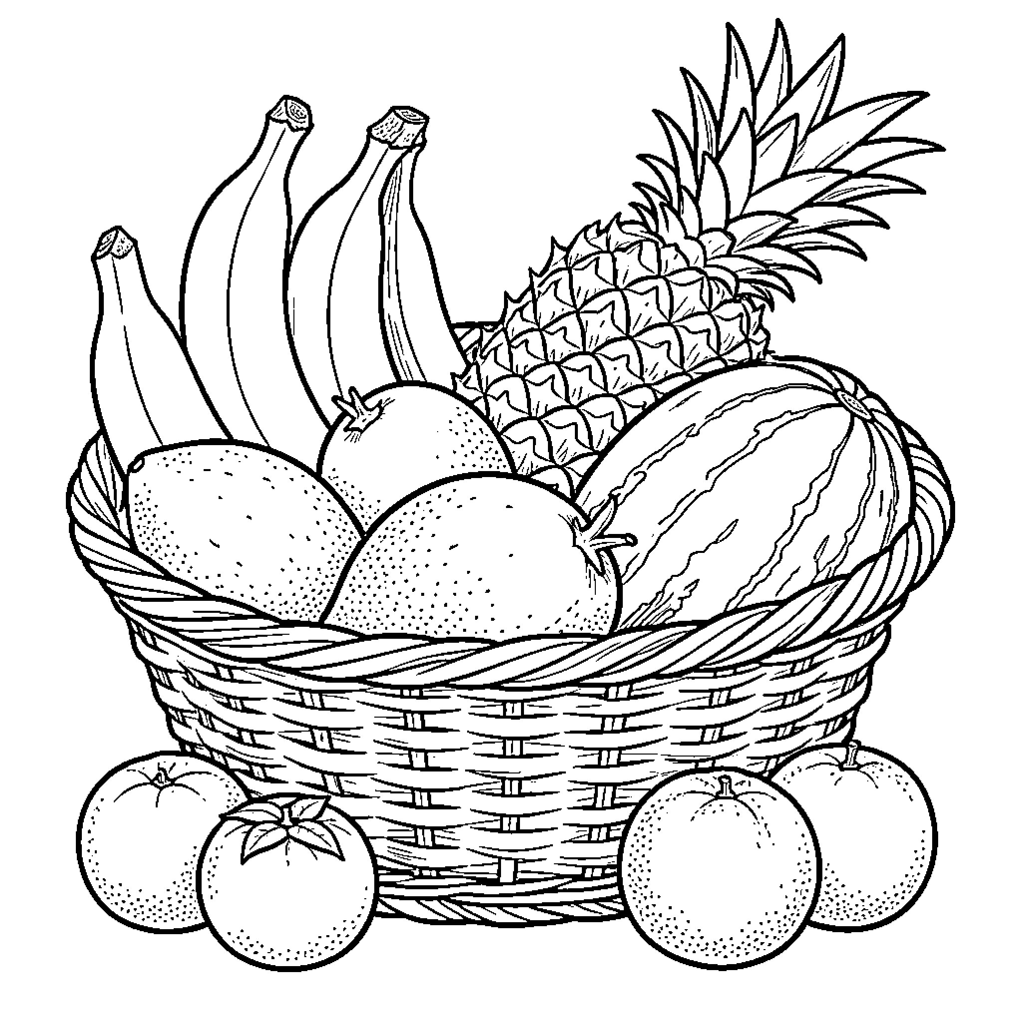 Fruit resting inside and around a woven basket Coloring Page (free black-and-white line drawing printable PDF for all, from beginners to advanced learners, including children, teens, adults, and seniors)