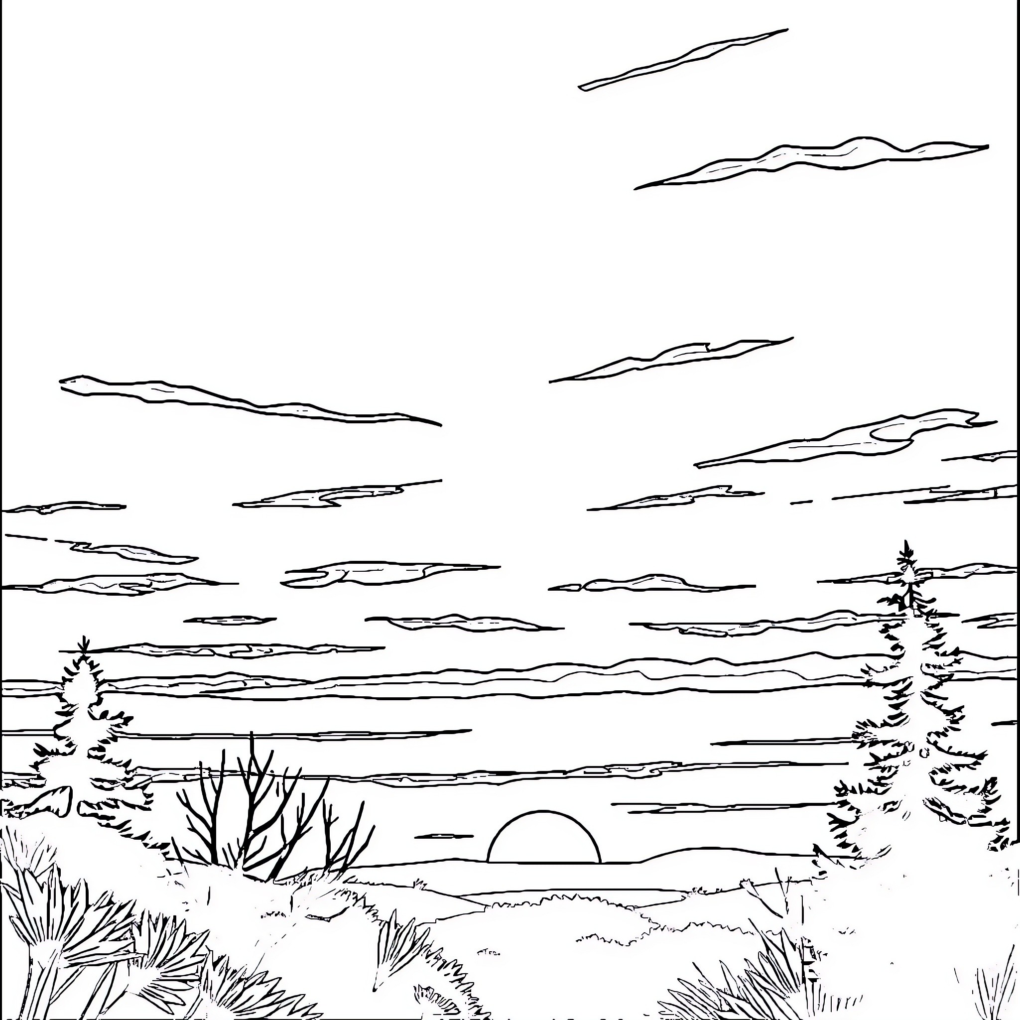Twilight landscape with clouds and setting sun Coloring Page (free black-and-white line drawing printable PDF for all, from beginners to advanced learners, including children, teens, adults, and seniors)