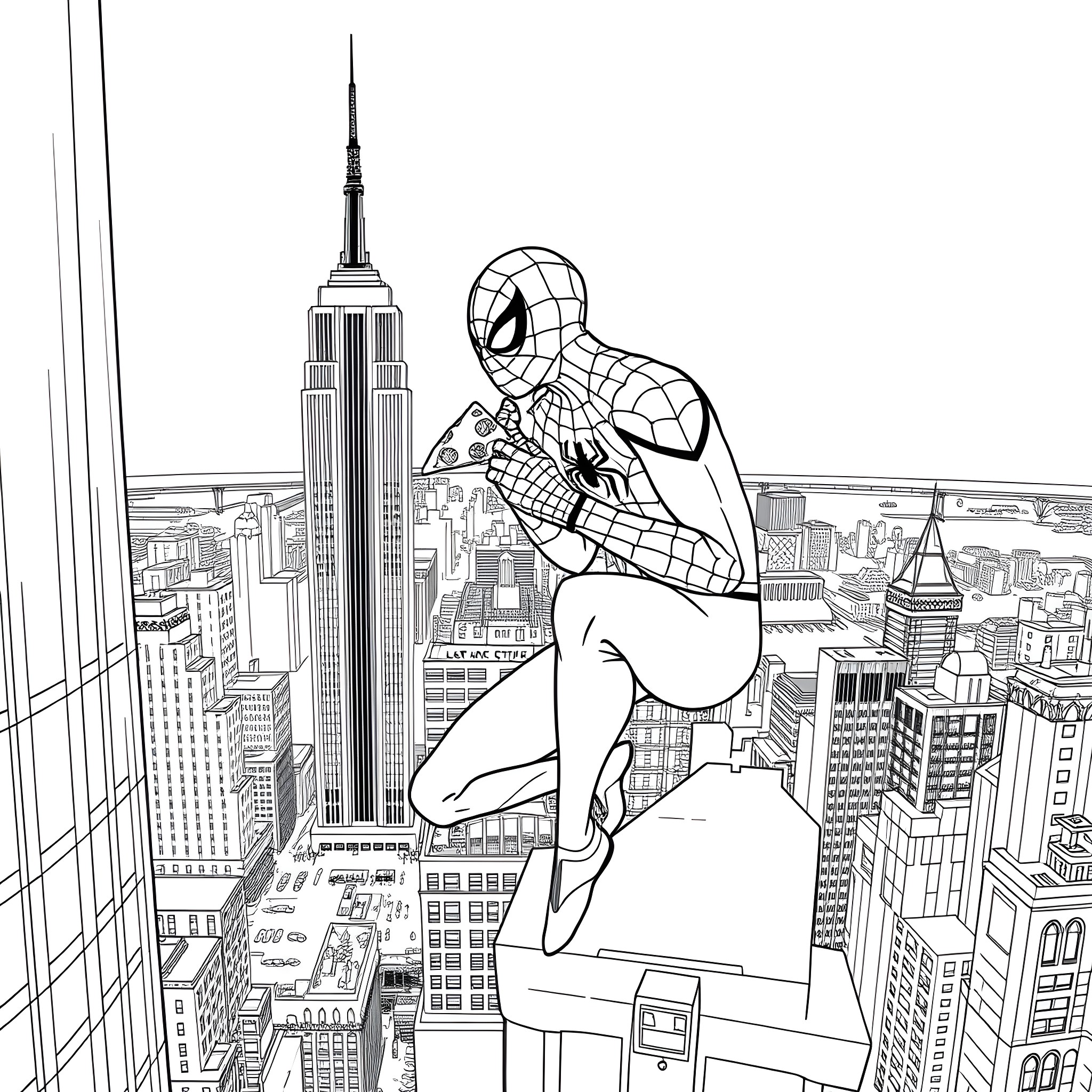 Spider-Man scaling a skyscraper overlooking the city Coloring Page (free black-and-white line drawing printable PDF for all, from beginners to advanced learners, including children, teens, adults, and seniors)