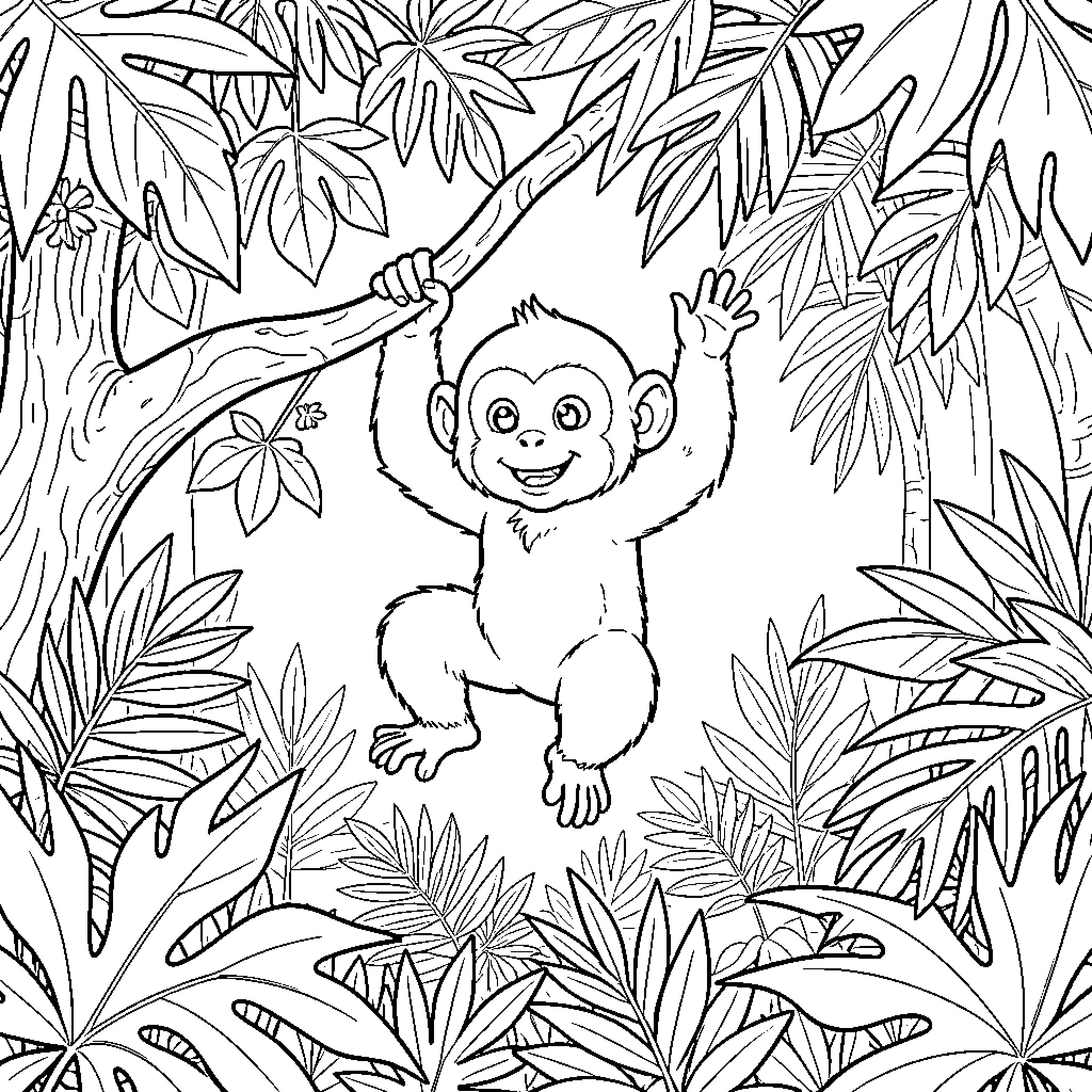 Monkey swinging in a lush jungle Coloring Page (free black-and-white line drawing printable PDF for all, from beginners to advanced learners, including children, teens, adults, and seniors)