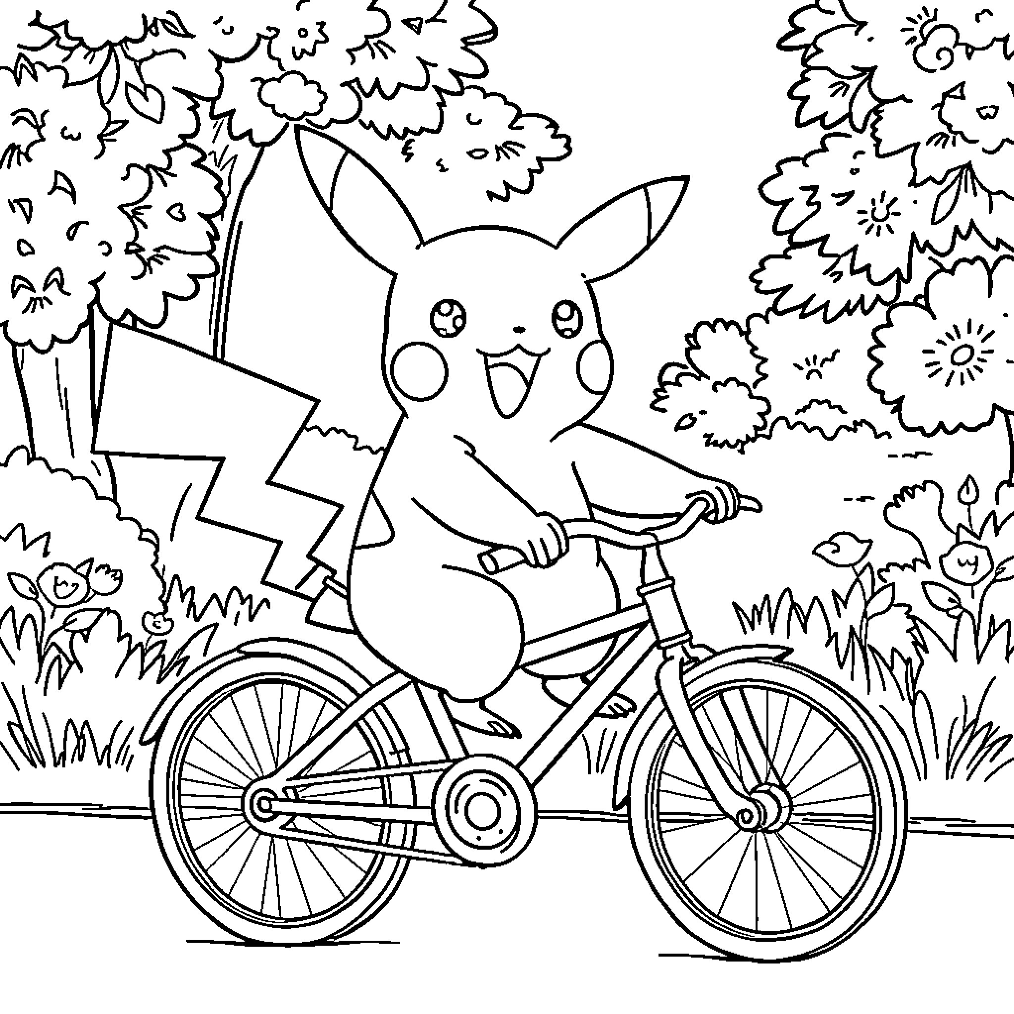 Pikachu Enjoying a Bike Ride in the Outdoors Coloring Page (free black-and-white line drawing printable PDF for all, from beginners to advanced learners, including children, teens, adults, and seniors)