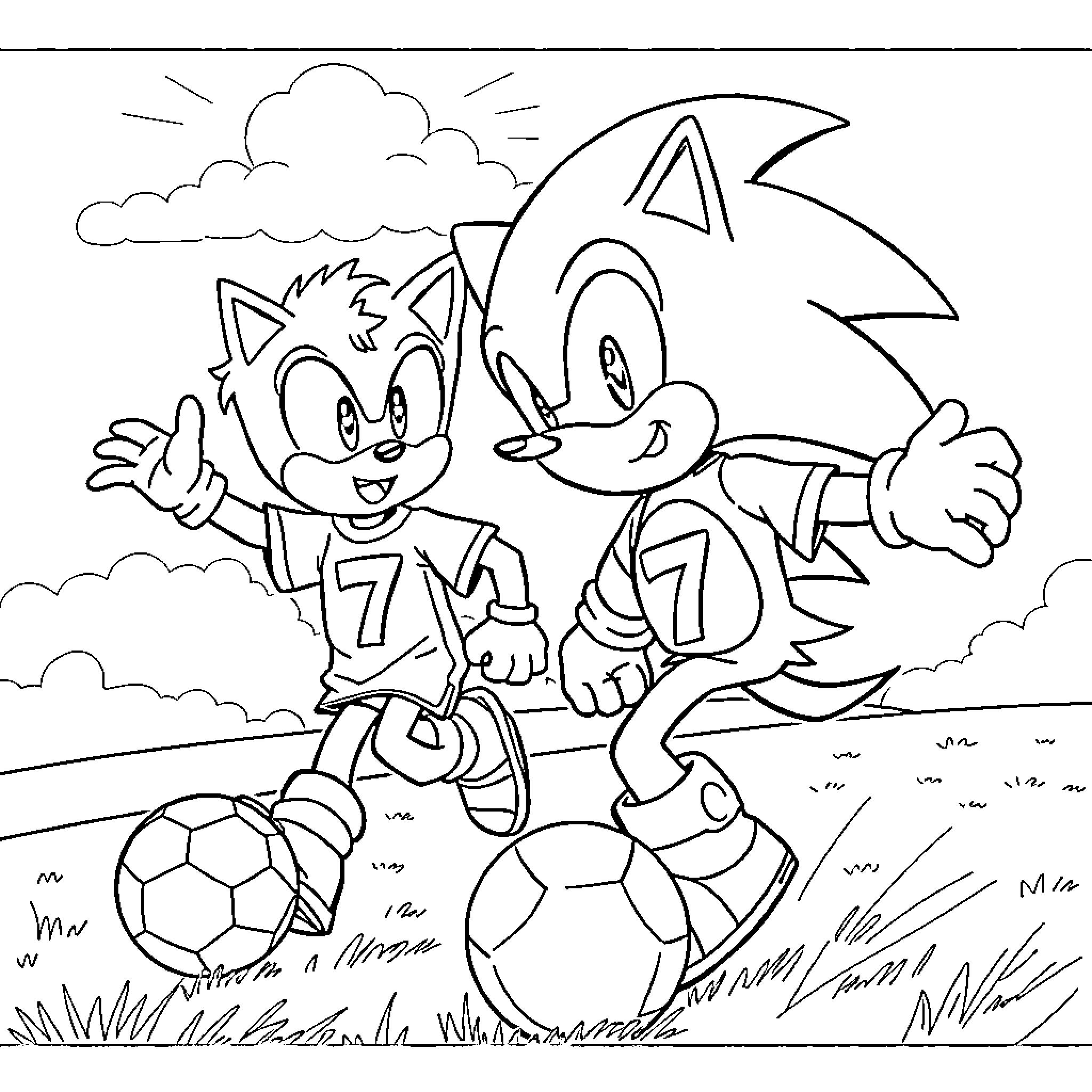 Sonic and Friends Playing Soccer on the Field Coloring Page (free black-and-white line drawing printable PDF for all, from beginners to advanced learners, including children, teens, adults, and seniors)