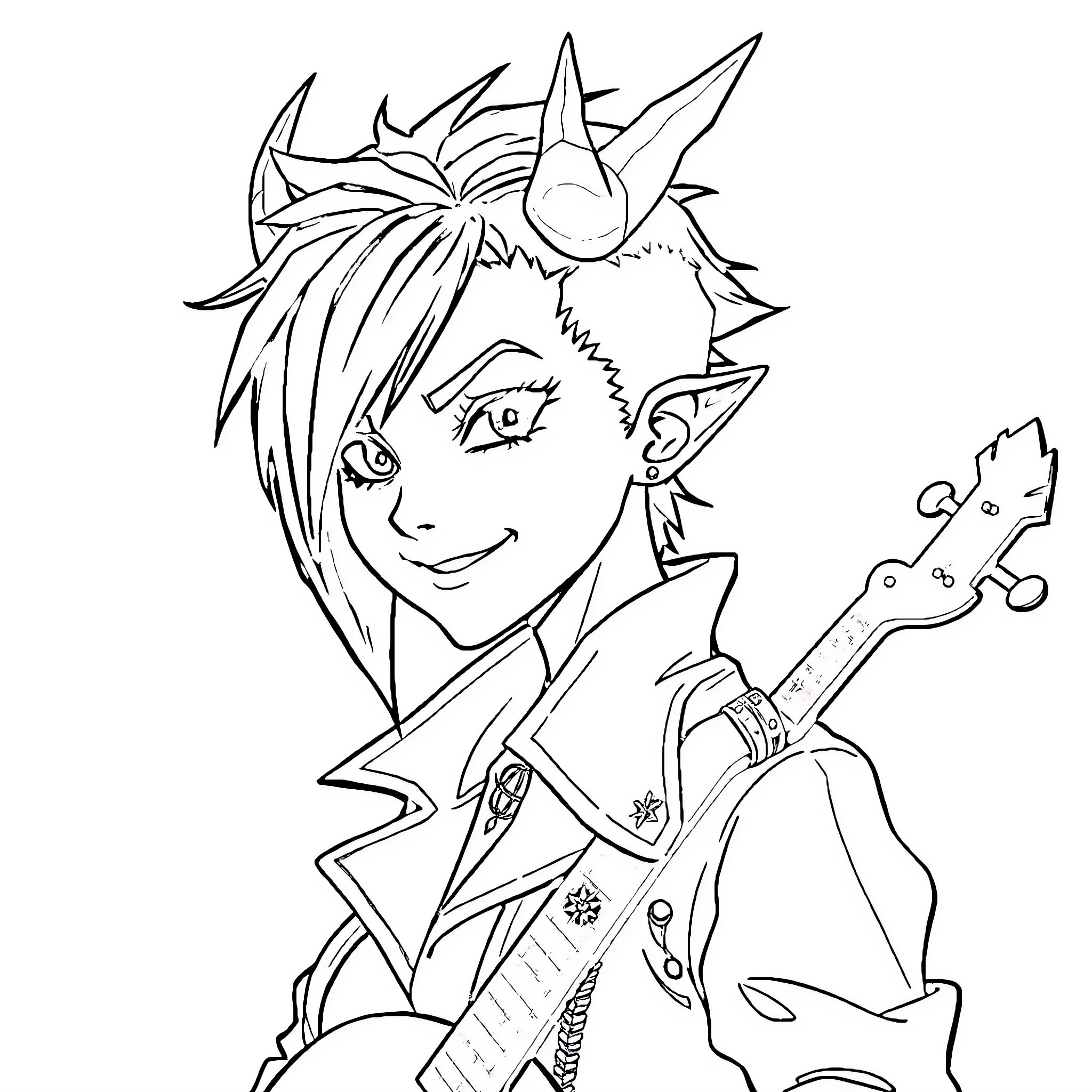 Bard playing an electric guitar with enthusiastic expression Coloring Page (free black-and-white line drawing printable PDF for all, from beginners to advanced learners, including children, teens, adults, and seniors)