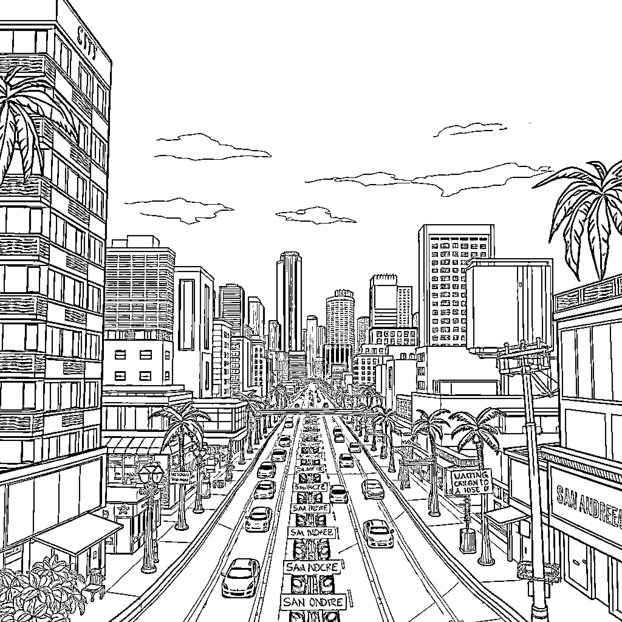 GTA San Andreas: Bustling City Streets Coloring Page (free black-and-white line drawing printable PDF for all, from beginners to advanced learners, including children, teens, adults, and seniors)