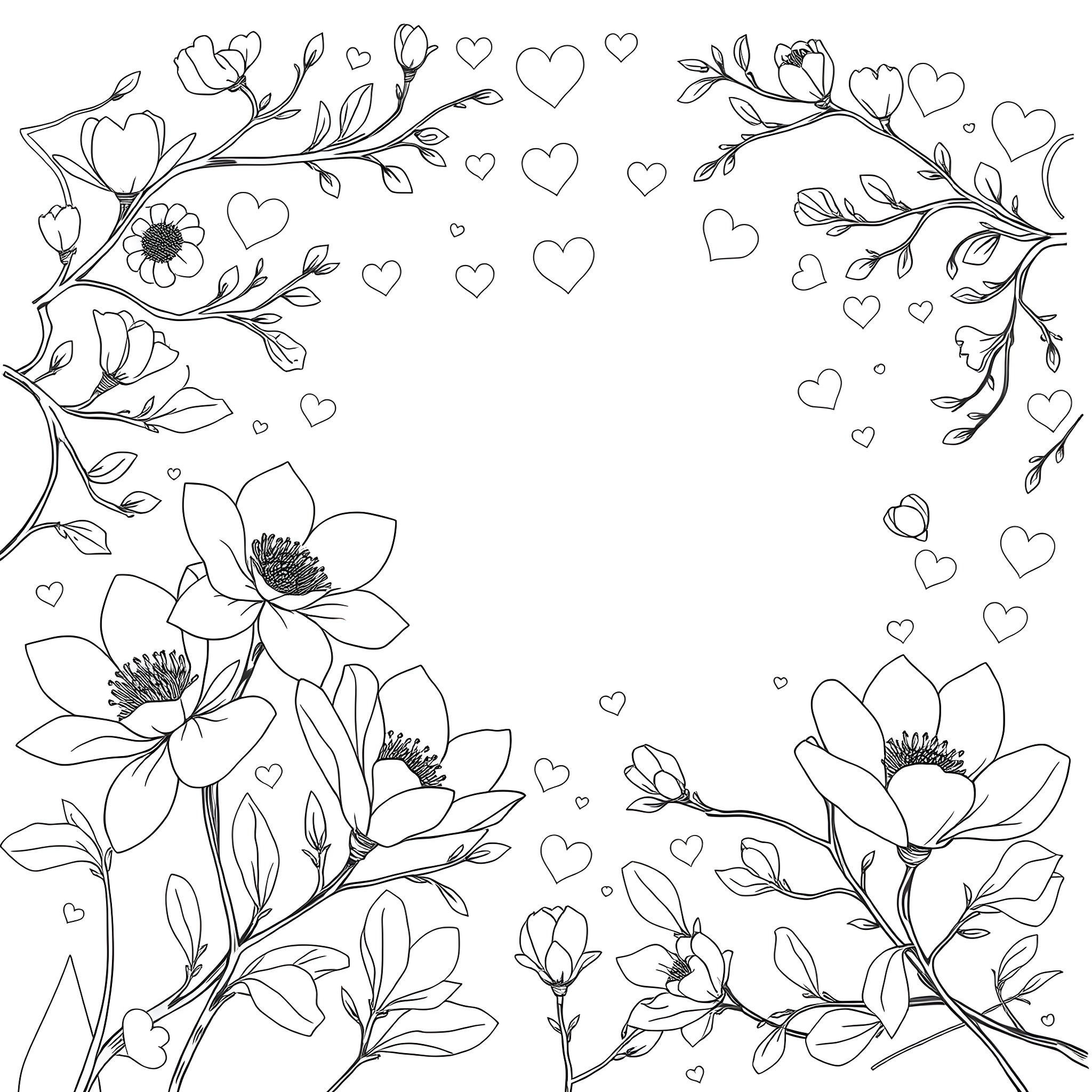 Magnolia flowers and hearts in a floral arrangement Coloring Page (free black-and-white line drawing printable PDF for all, from beginners to advanced learners, including children, teens, adults, and seniors)