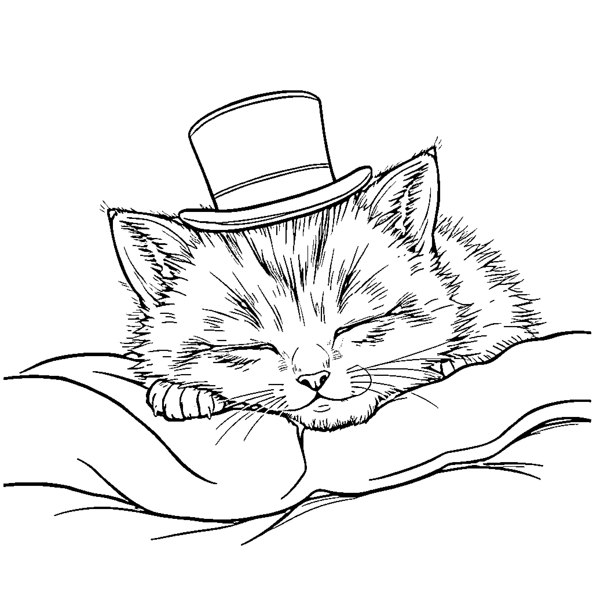 Kitten resting peacefully in a top hat Coloring Page (free black-and-white line drawing printable PDF for all, from beginners to advanced learners, including children, teens, adults, and seniors)