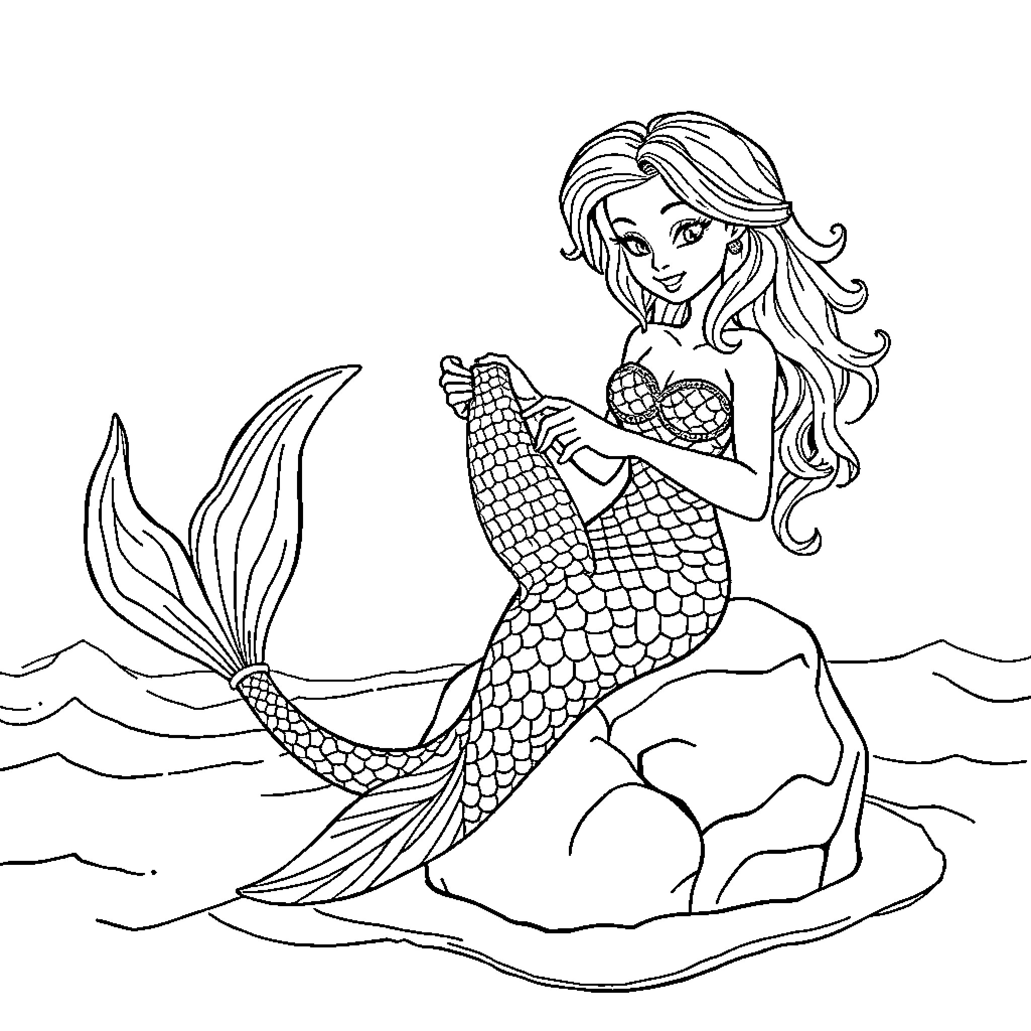 Mermaid sitting on a rock by the ocean Coloring Page (free black-and-white line drawing printable PDF for all, from beginners to advanced learners, including children, teens, adults, and seniors)