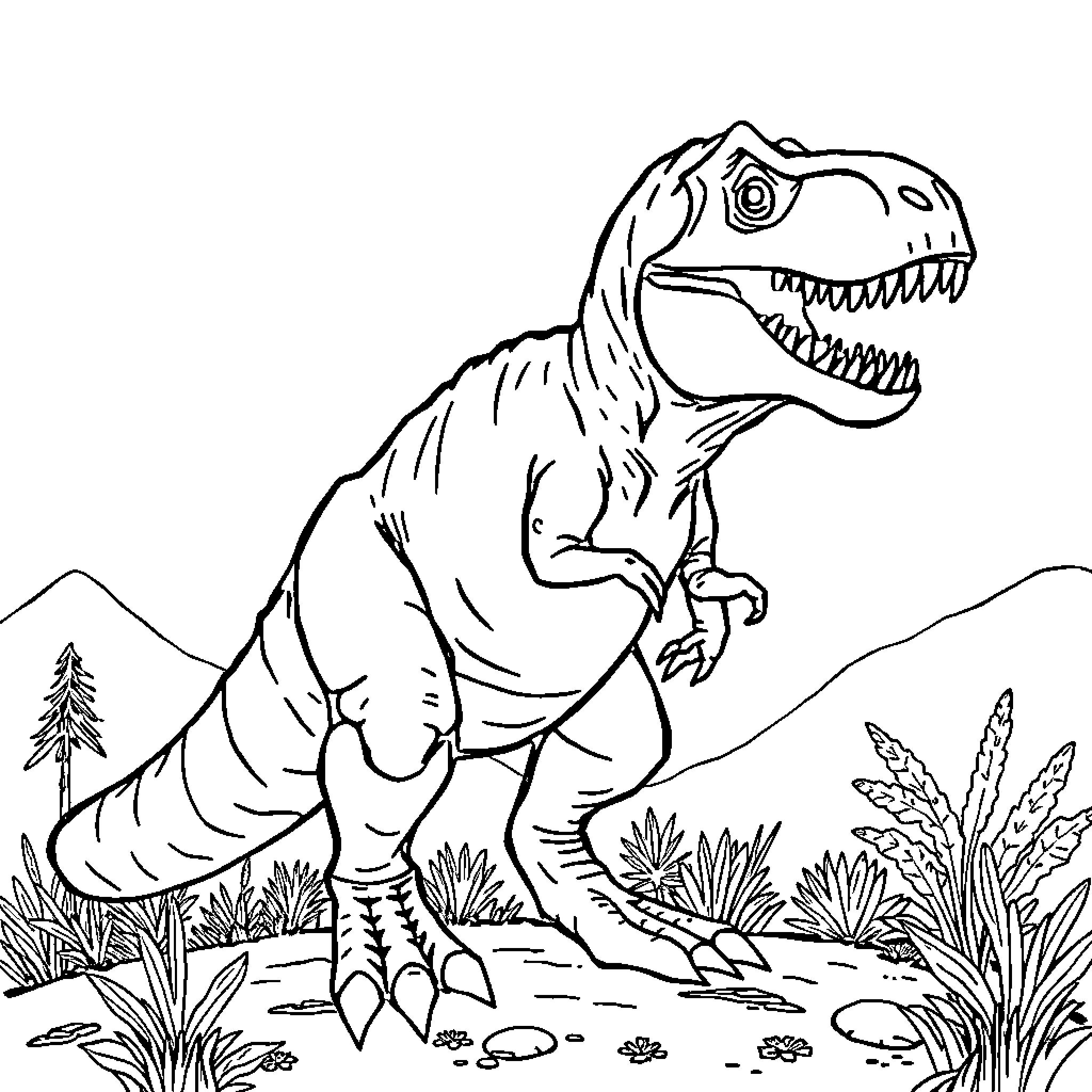 T-Rex exploring prehistoric landscape Coloring Page (free black-and-white line drawing printable PDF for all, from beginners to advanced learners, including children, teens, adults, and seniors)